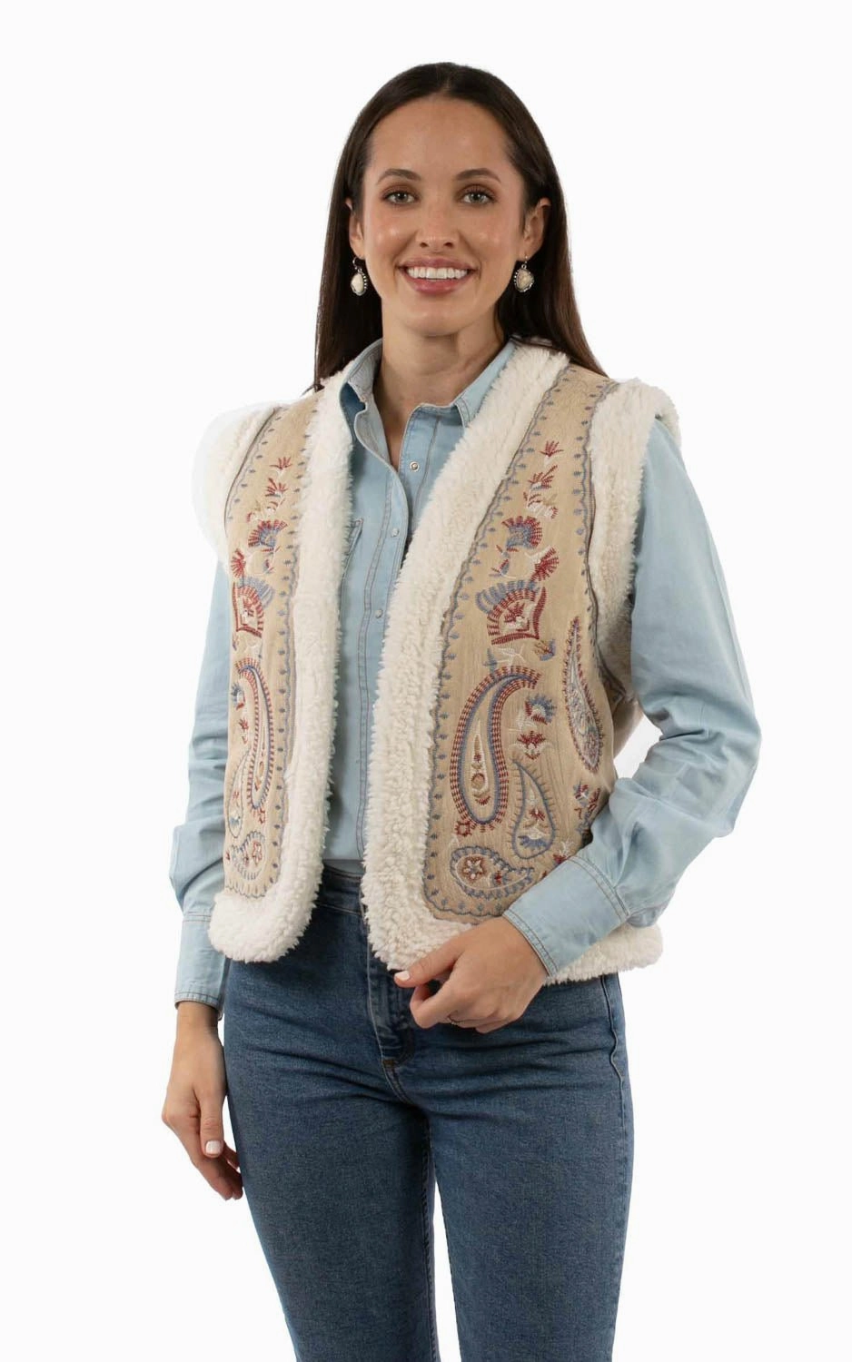 Knit Fashion All Day Comfort Fit Scully Womens Paisley Embroidery Faux Sherpa Sand 100% Acrylic Faux Fur Vest