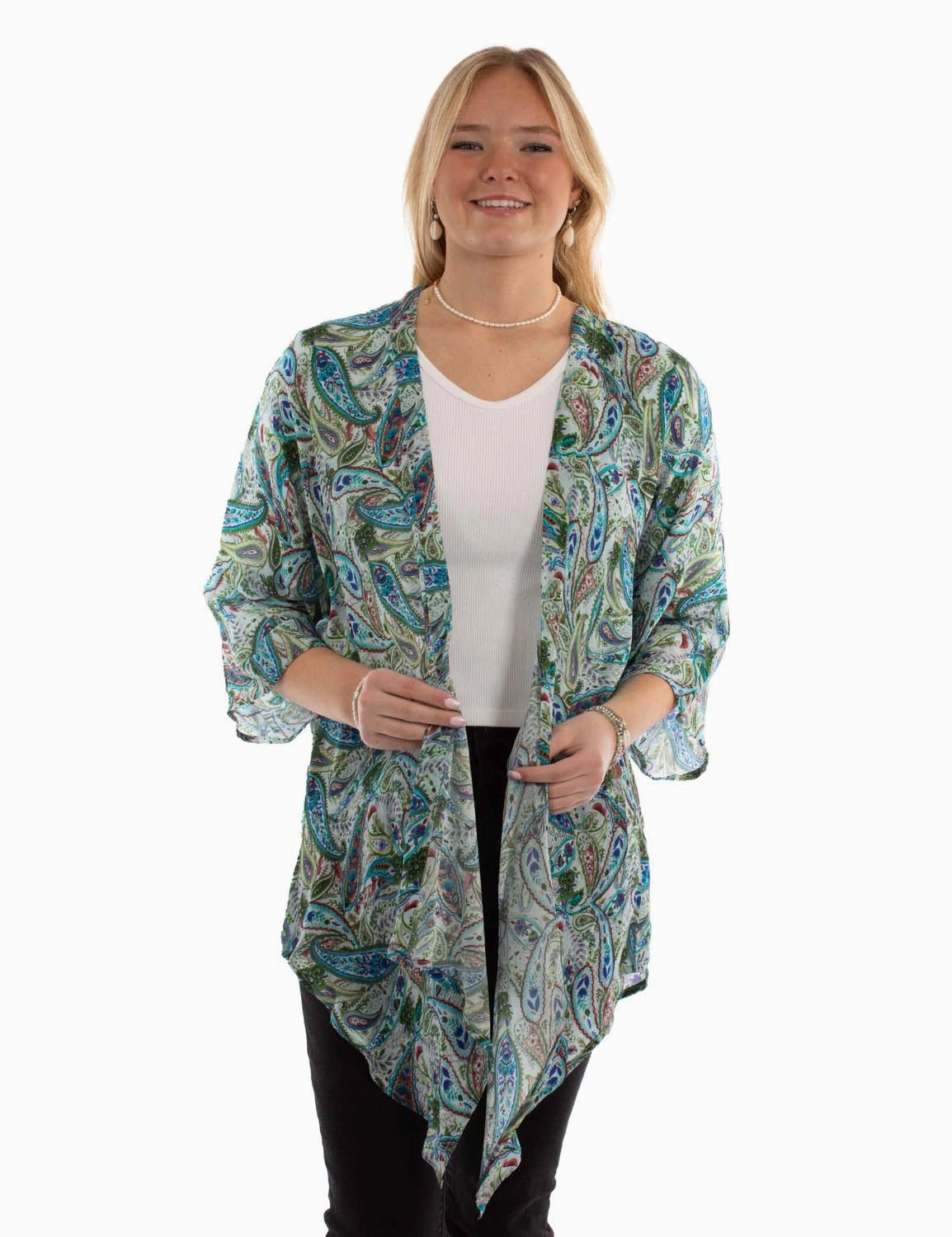 Scully Womens Paisley Floral Green Viscose Kimono Stretch Knit Technology