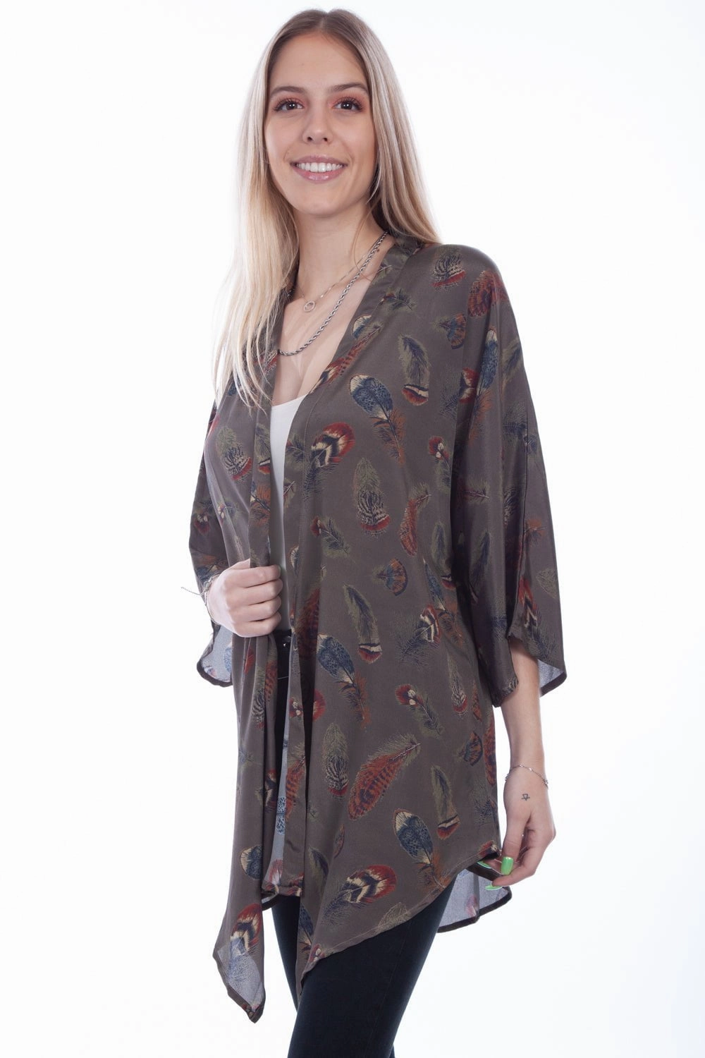 Scully Womens Sage Polyester Feathers Kimono Cozy Midweight Fabric