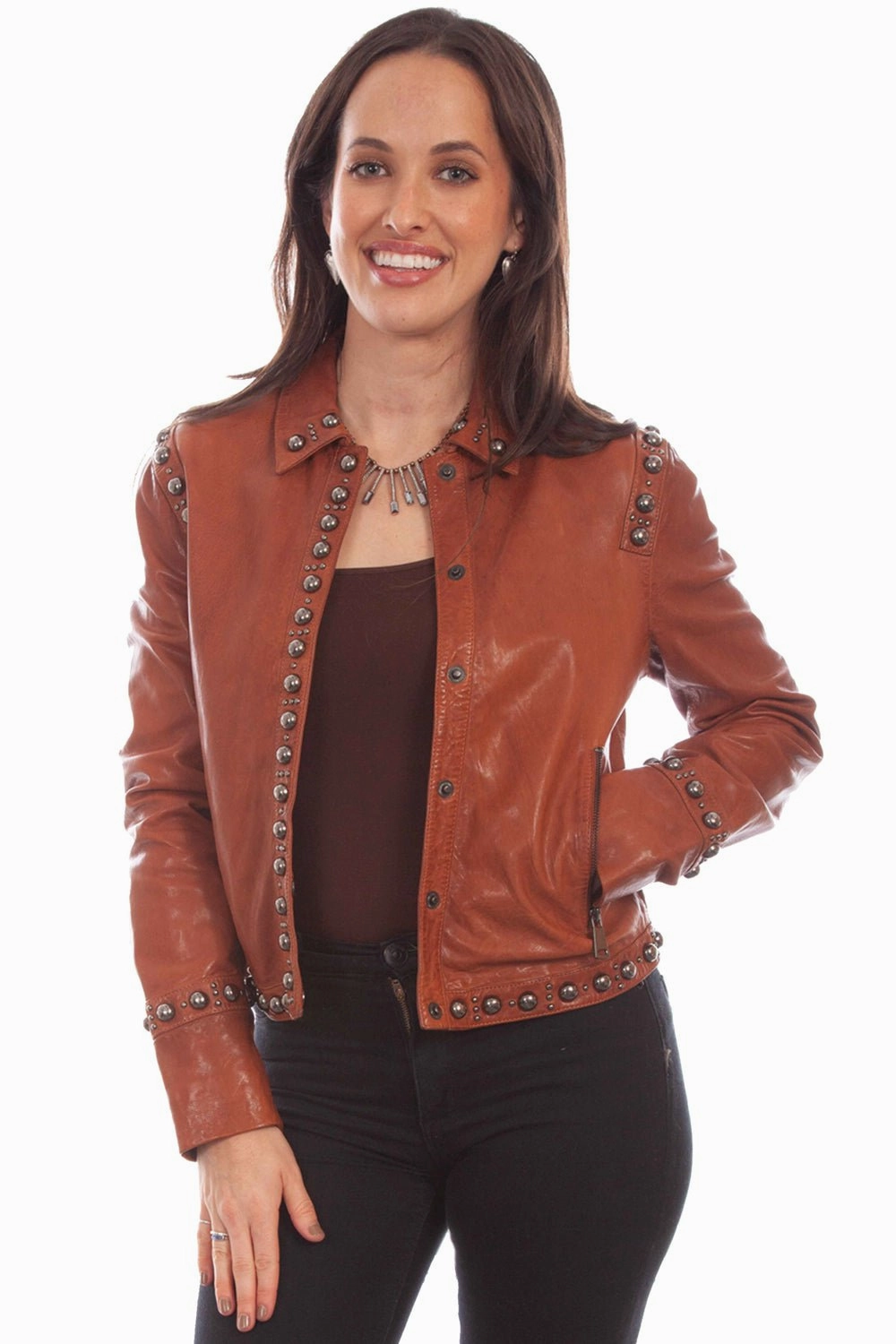 Scully Womens Snap Front Studded Brown Leather Leather Jacket Wind Shield
