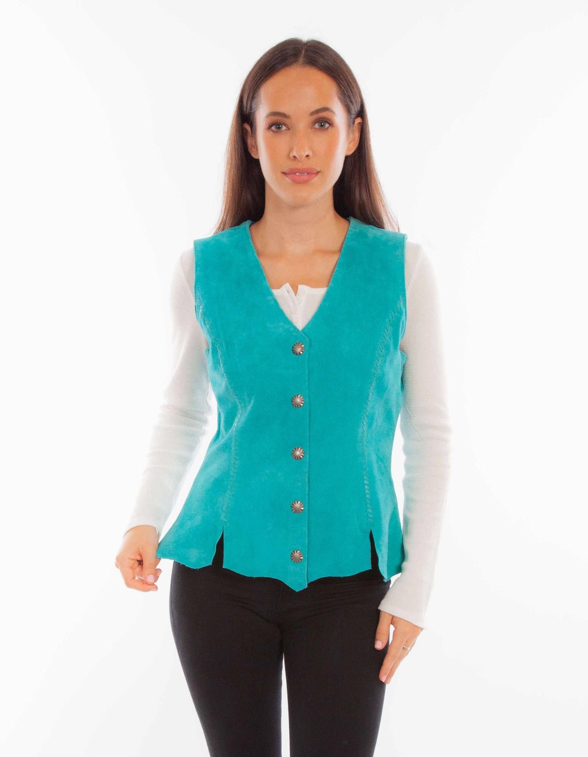 All Weather Performance Scully Womens Snap Front Turquoise Leather Leather Vest