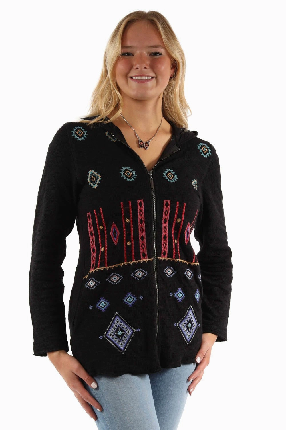 Modular Attachment System Scully Womens Southwest Embroidered Black 100% Cotton Hoodie