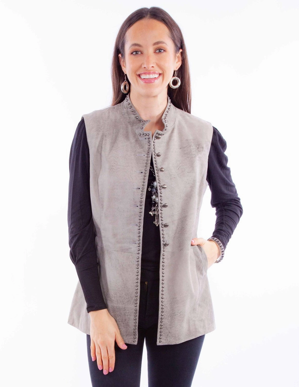 HighCollarDesign Seamless Stitching Scully Womens Studded Button Up Grey Leather Leather Vest