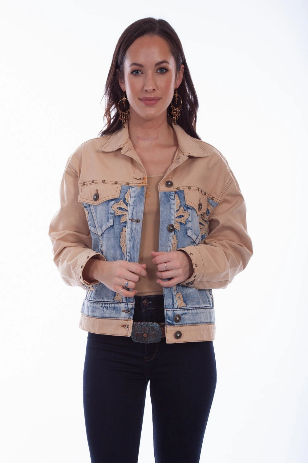 Reinforced Edging Adjustable Cuff System Scully Womens Tan/Blue 100% Cotton Two-Tone Denim Jacket