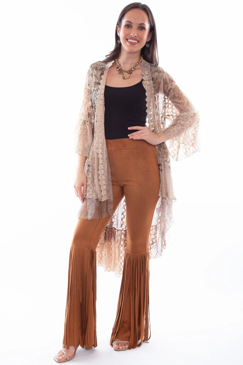 fuzzy texture Low Impact Production Scully Womens Taupe Nylon Printed Lace Cardigan