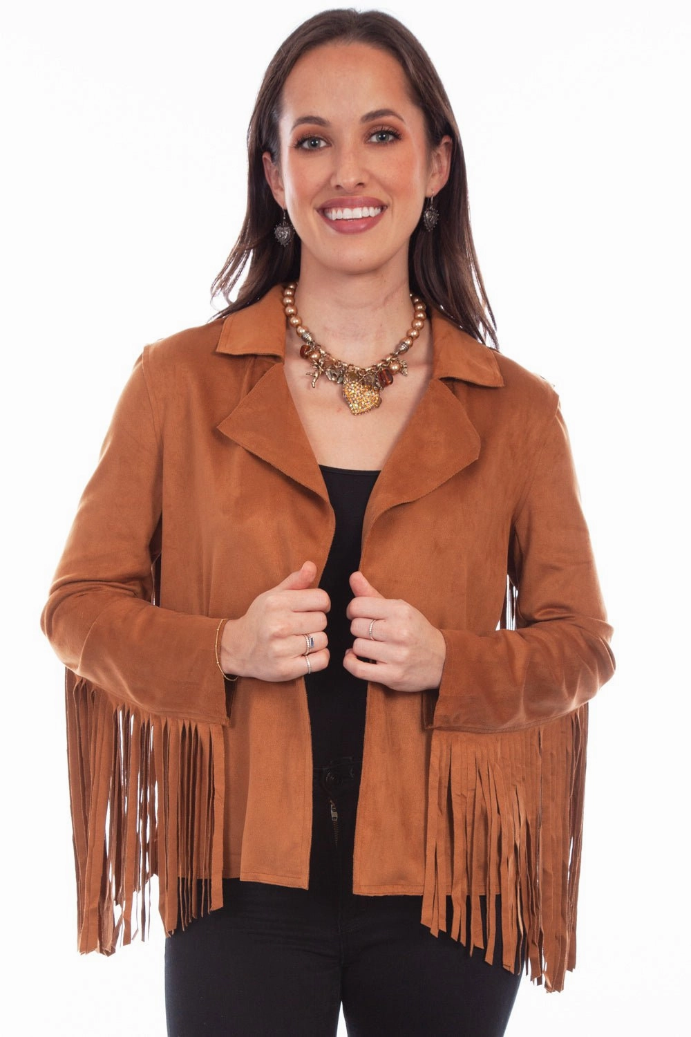 HypoallergenicMaterial Scully Womens Trendy Fringe Brown Polyester Blend Faux Leather Jacket