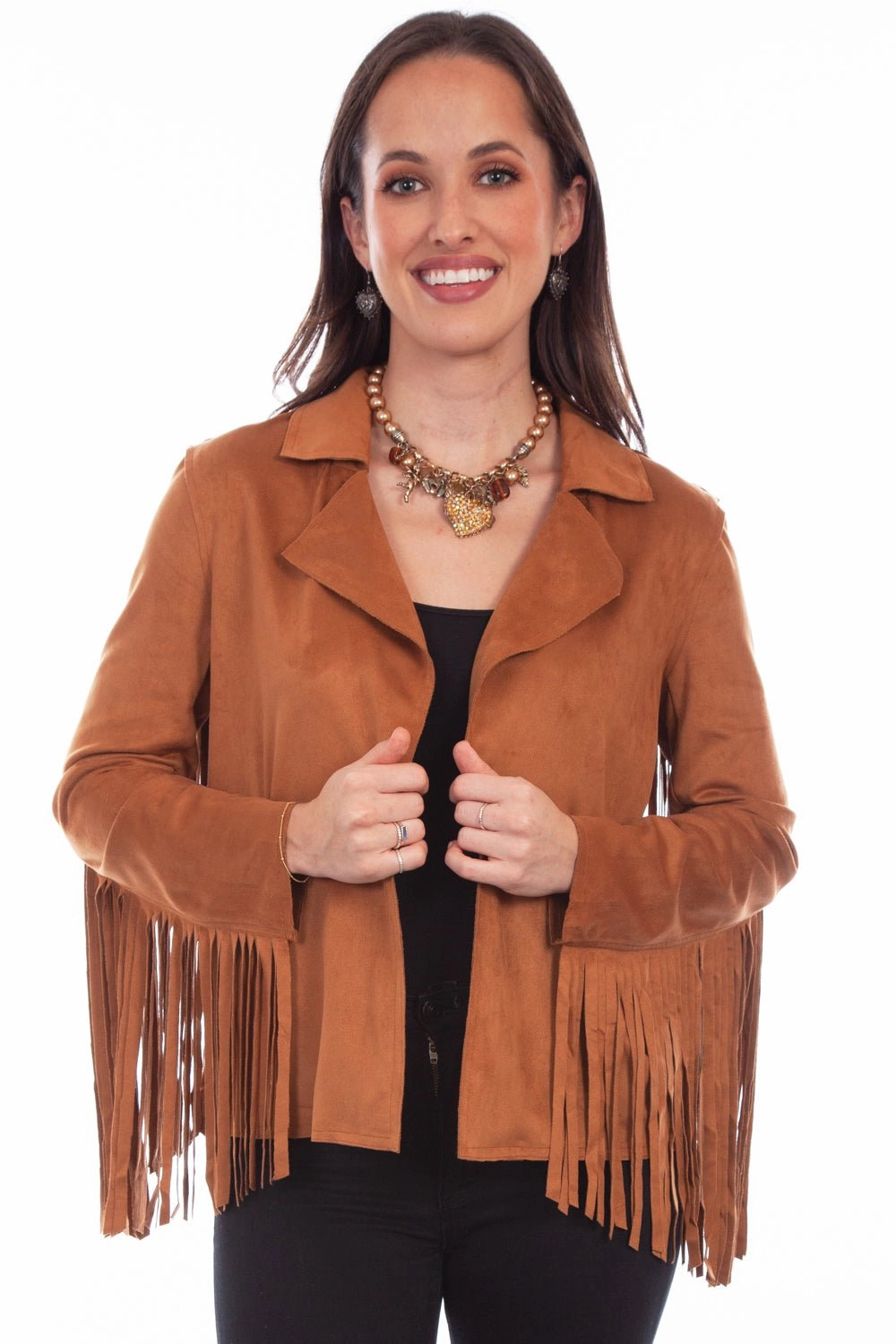 Heat Sealed Edges Scully Womens Trendy Fringe Brown Polyester Blend Faux Leather Jacket