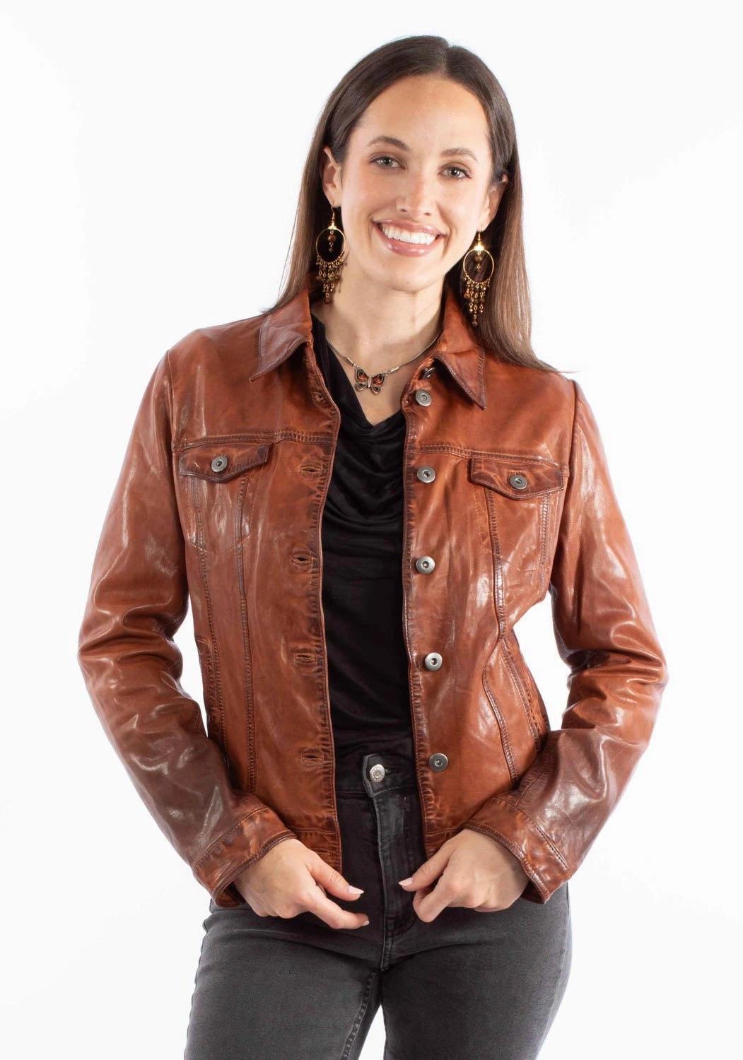 Pastel Shade Layered Ventilation Panels Scully Womens Washed Crinkle Vintage Brown Leather Leather Jacket M