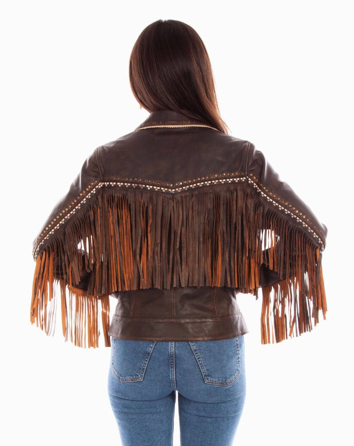 Collapsible Packable Design Scully Womens Western Fringe Chocolate Leather Leather Jacket
