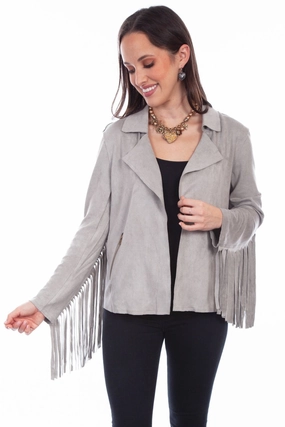 Scully Womens Western Fringe Light Grey Poly/Spandex Faux Leather Jacket Windproof Construction