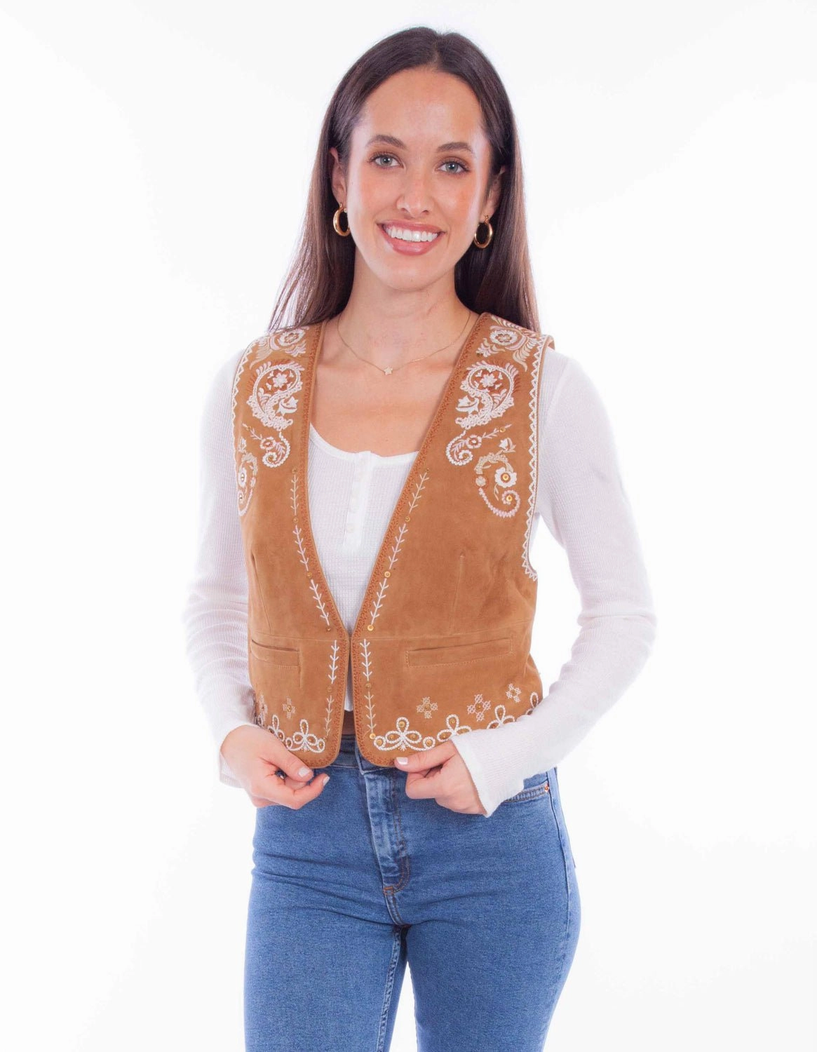 Scully Womens White Embroidery Vin Rust Leather Leather Vest Reinforced Seams Convertible Sleeves
