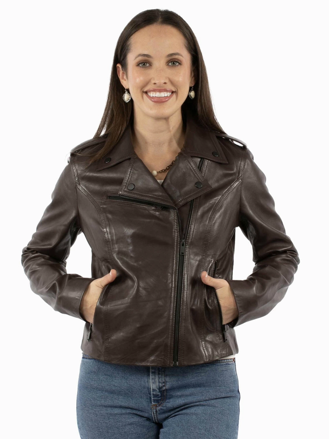 Scully Womens Wide Notched Collar Brown Lamb Leather Leather Jacket UltraQuietMaterial