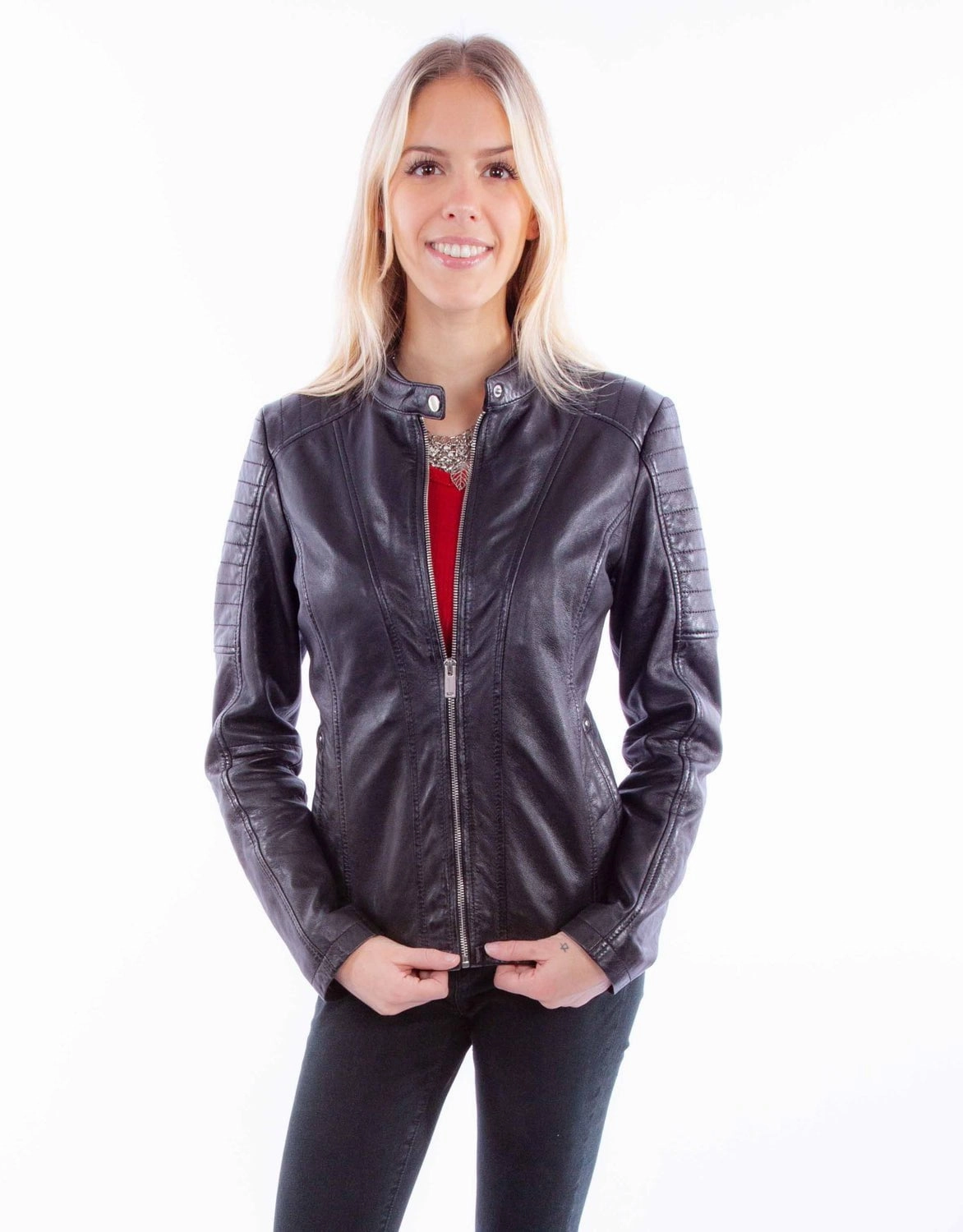 Taped Neckline Scully Womens Zip Cafe Racer Black Lamb Leather Leather Jacket