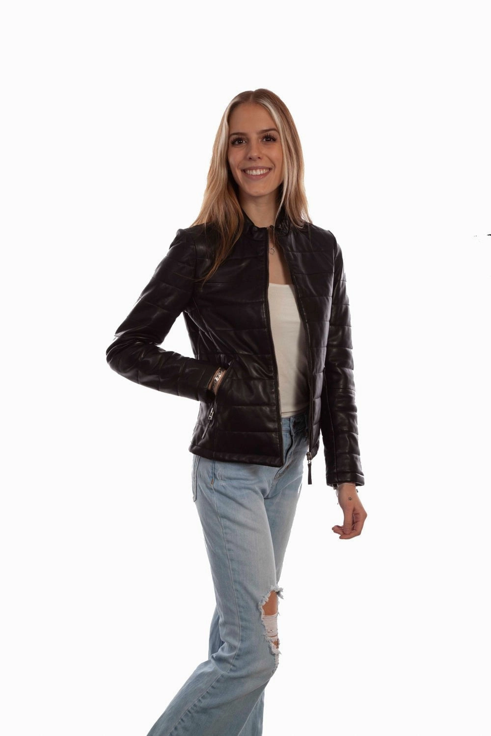 Packable Style Seam Sealed Technology Scully Womens Zip Front Ribbed Black Lamb Leather Leather Jacket