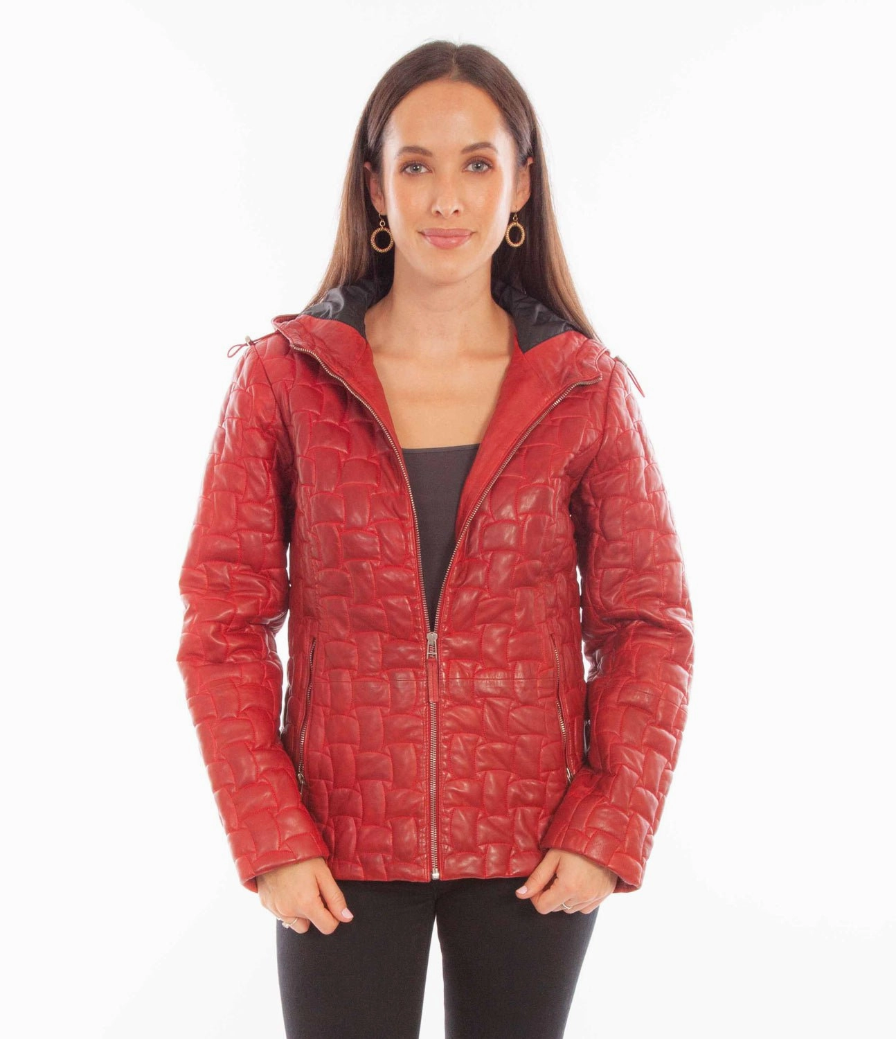 Zipper Closure Mechanism Adjustable Hood Scully Womens Zip Quilted Hooded Red Leather Leather Jacket
