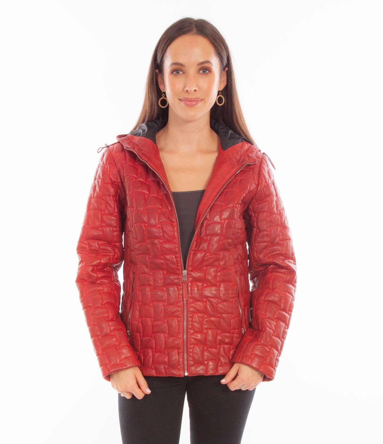 Scully Womens Zip Quilted Hooded Red Leather Leather Jacket Eco Friendly Textile