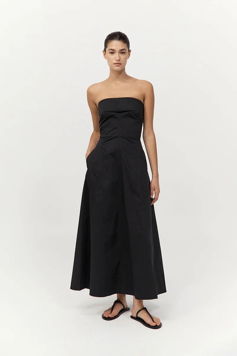Soft Layering Sculpted Detail Sculpted Cotton Strapless Dress in Black