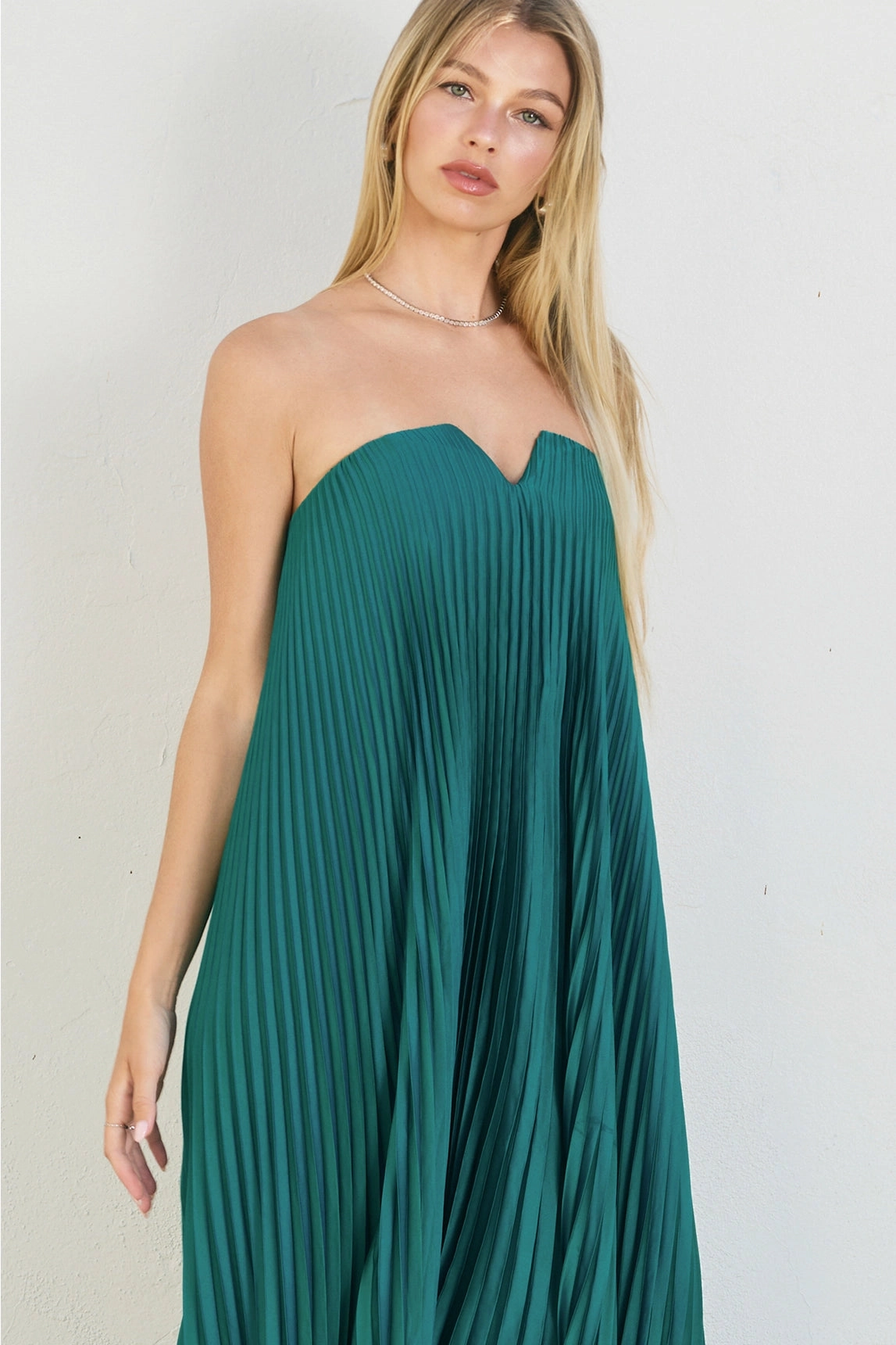 Clean Lines Elegant holiday wear Moonglade Pleated Maxi Dress - Emerald