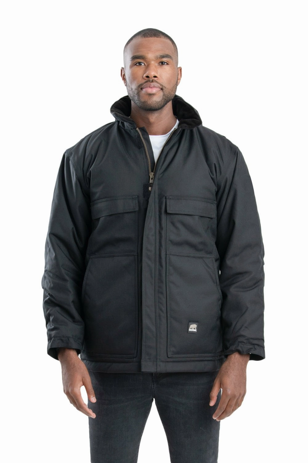 Berne Mens Black Nylon Icecap Insulated Coat Ripstop Reinforcement Soft Texture