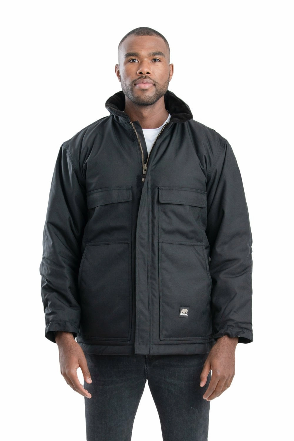 Berne Mens Black Nylon Icecap Insulated Coat GlowInTheDarkAccents Adjustable Cuff Design