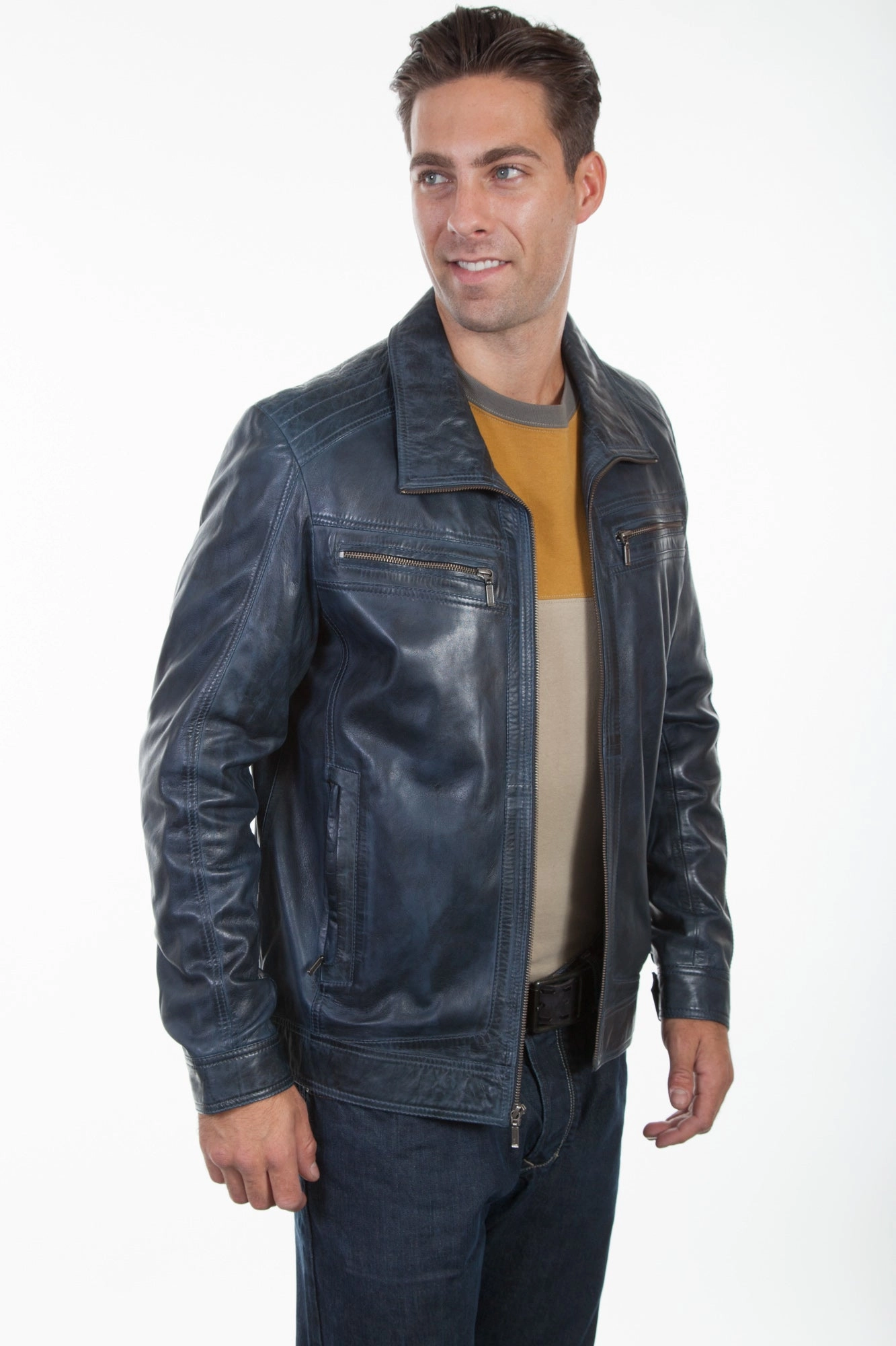 Double Layered Collar Scully Mens Denim Lamb Leather Retro Jacket