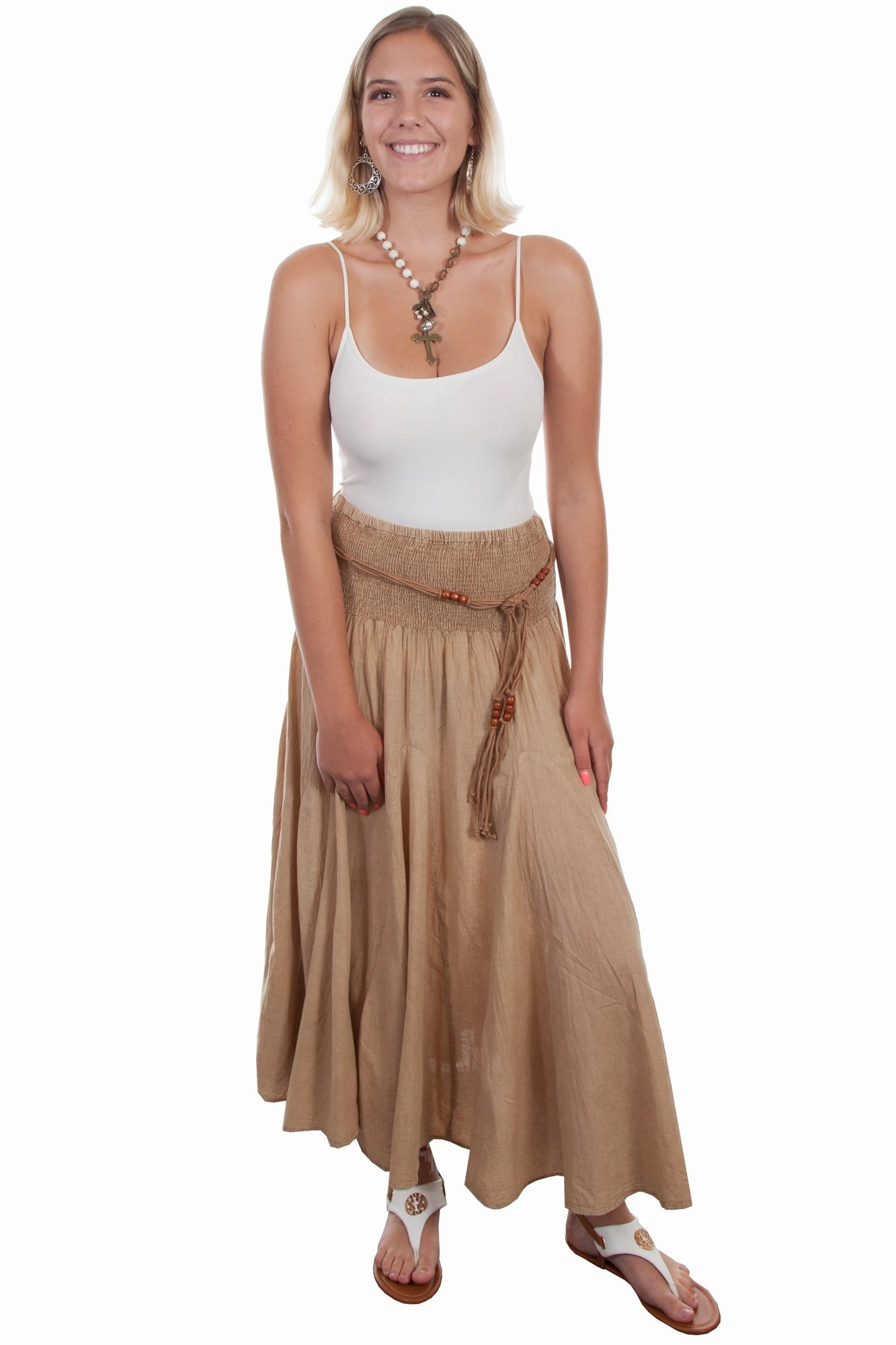 Scully Womens Vertical Full Panels Khaki 100% Cotton Skirt Roll Up Hem