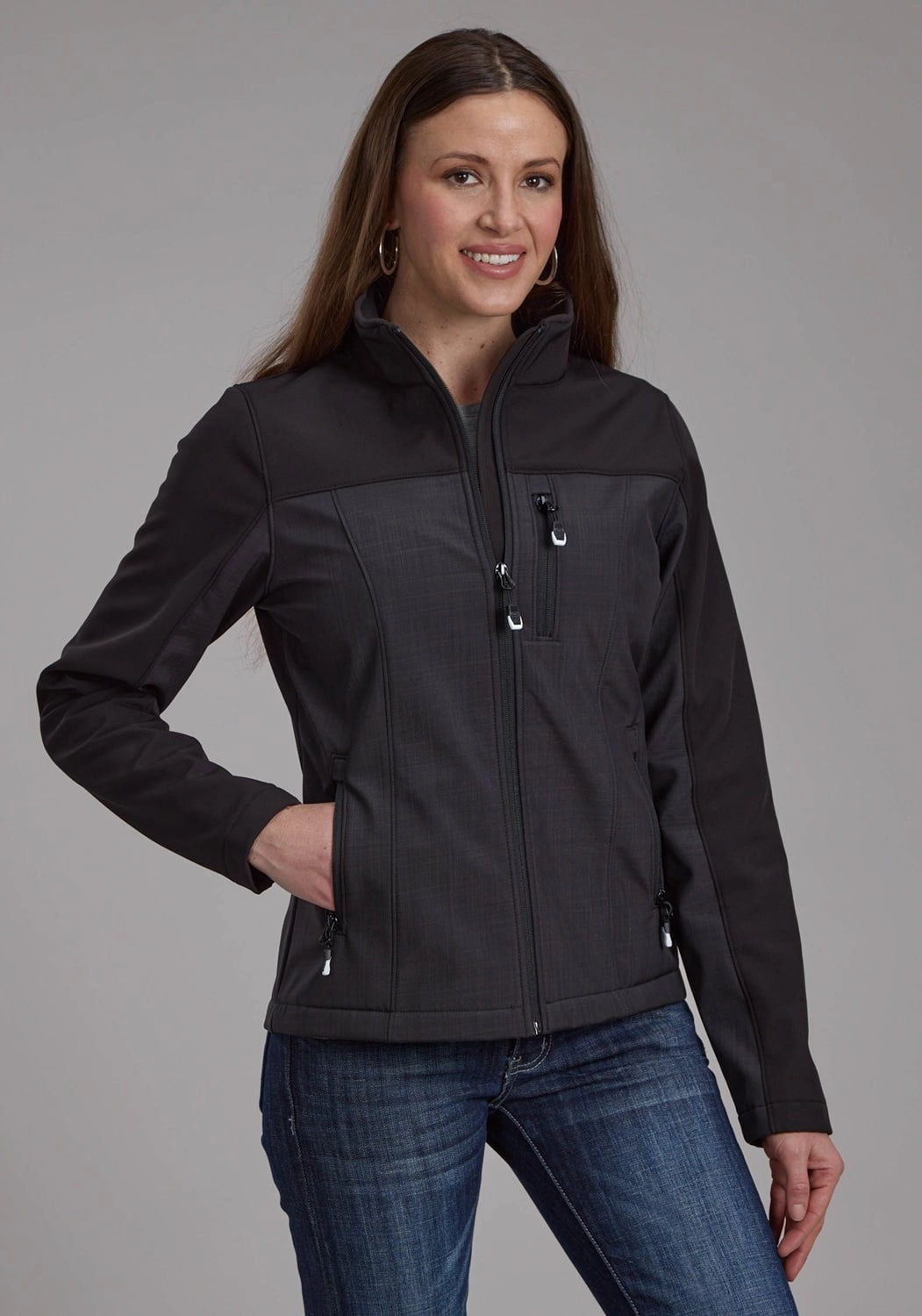 Windproof Technology Oversized style Roper Womens Pieced Fleece Grey/Black Poly/Spandex Softshell Jacket