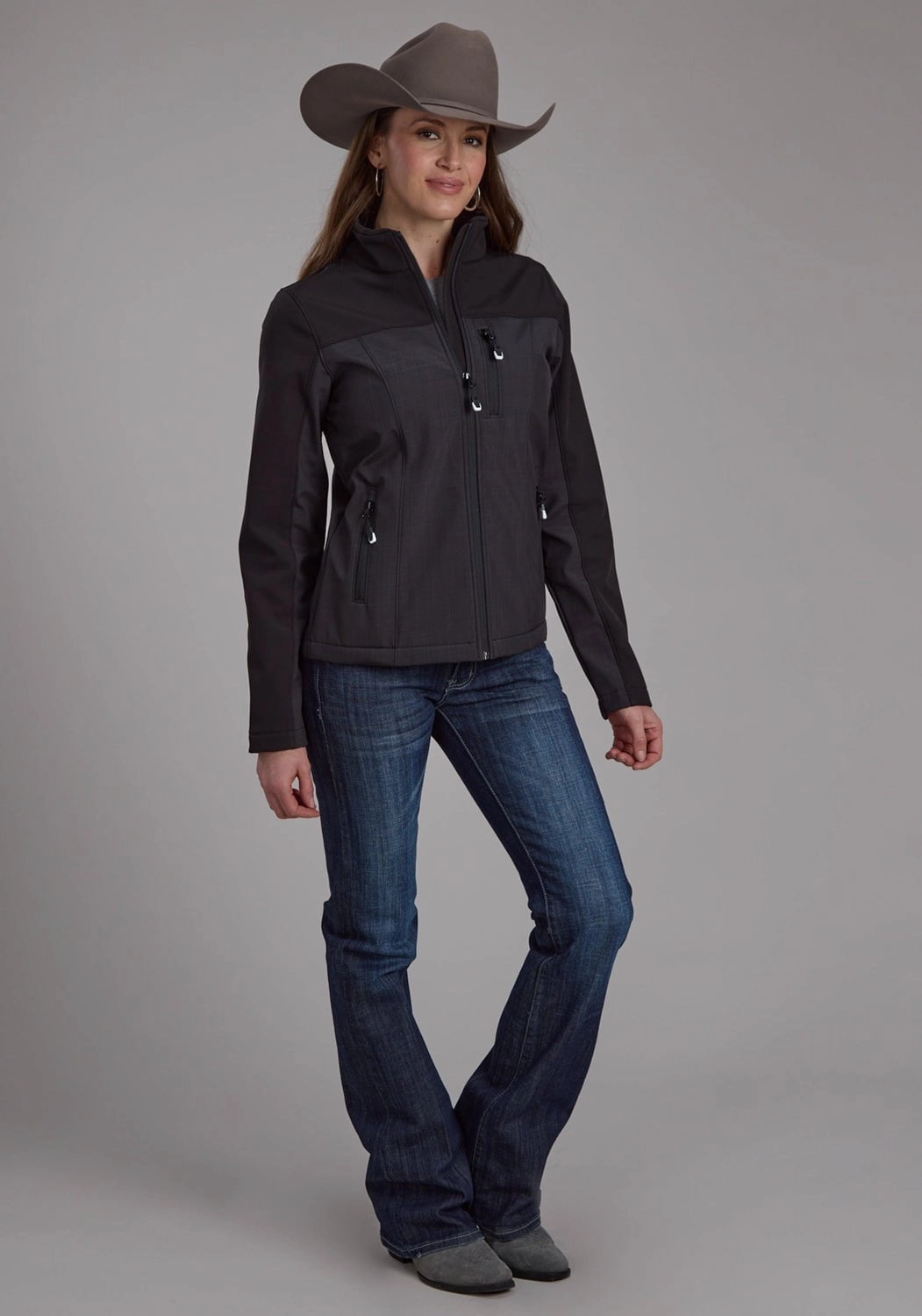 Sporty Chic Roper Womens Pieced Fleece Grey/Black Poly/Spandex Softshell Jacket