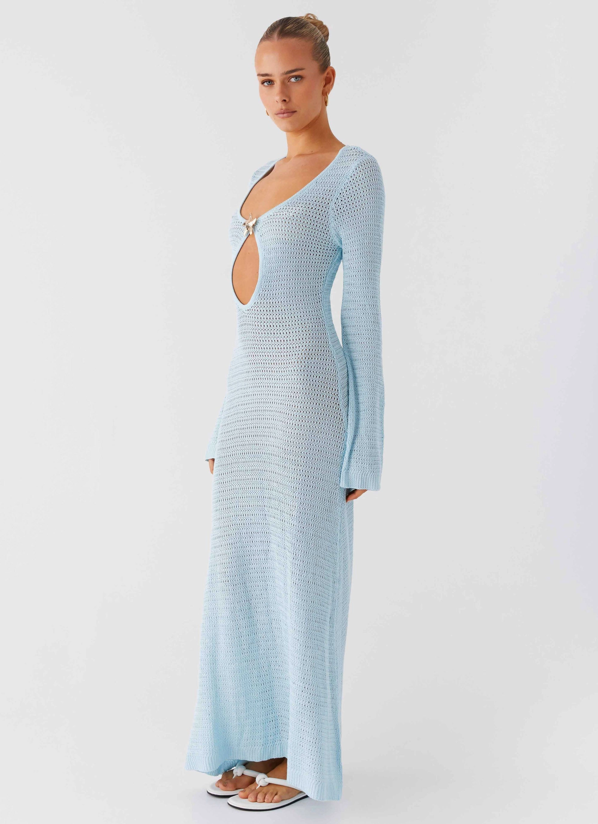 Trendy Cut Seascape Chochet Maxi Dress - Blue