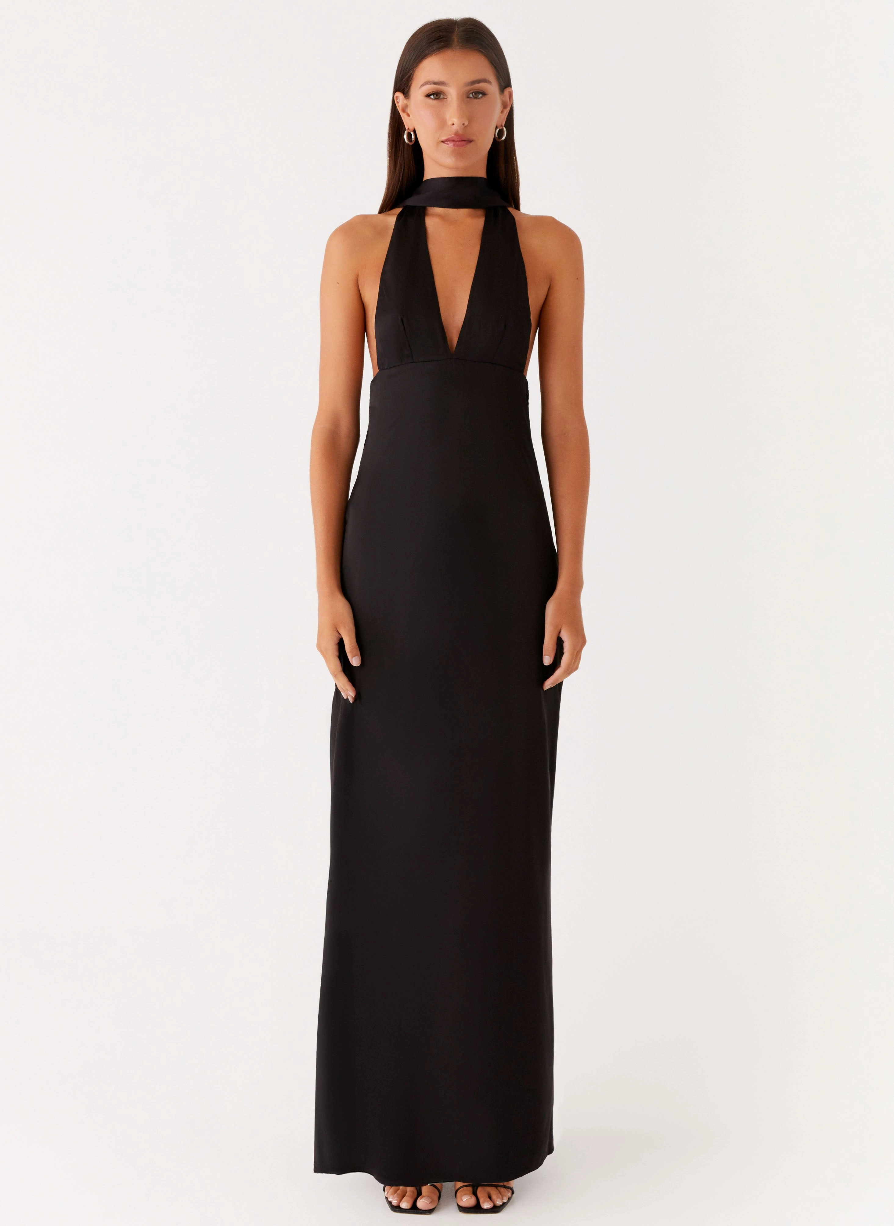 Knit Warm Urban Minimalism Alicia Satin Halter Maxi Dress - Black