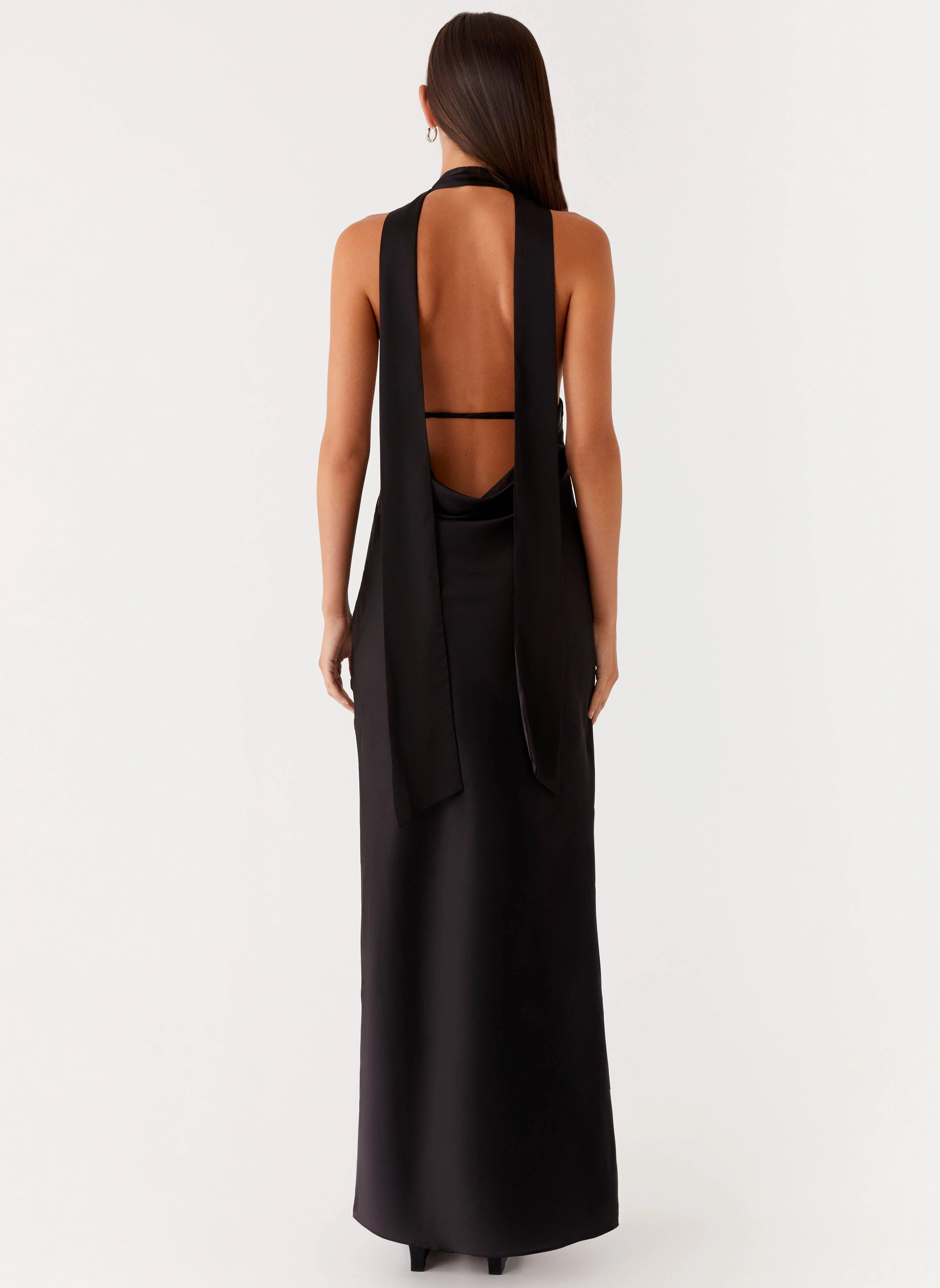 Lace Detail Alicia Satin Halter Maxi Dress - Black