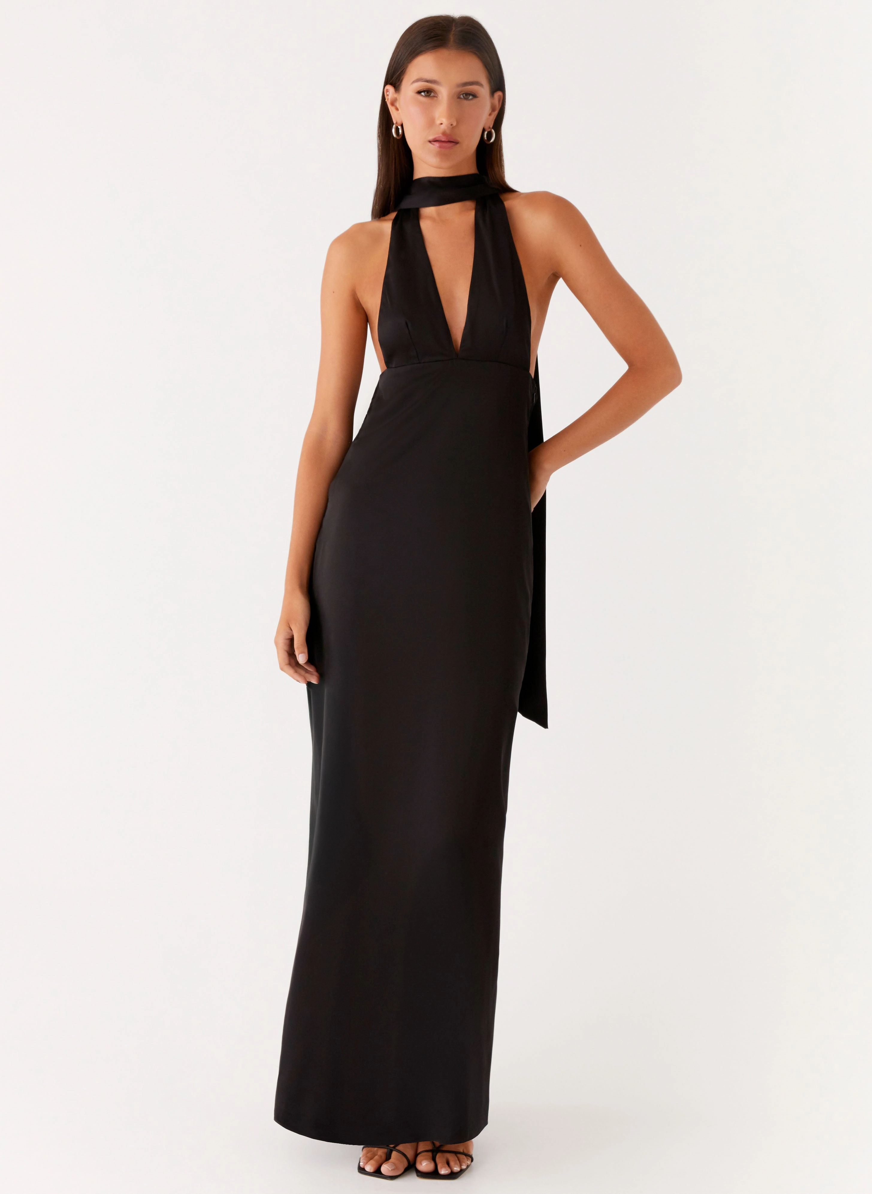 Alicia Satin Halter Maxi Dress - Black Summer Wardrobe