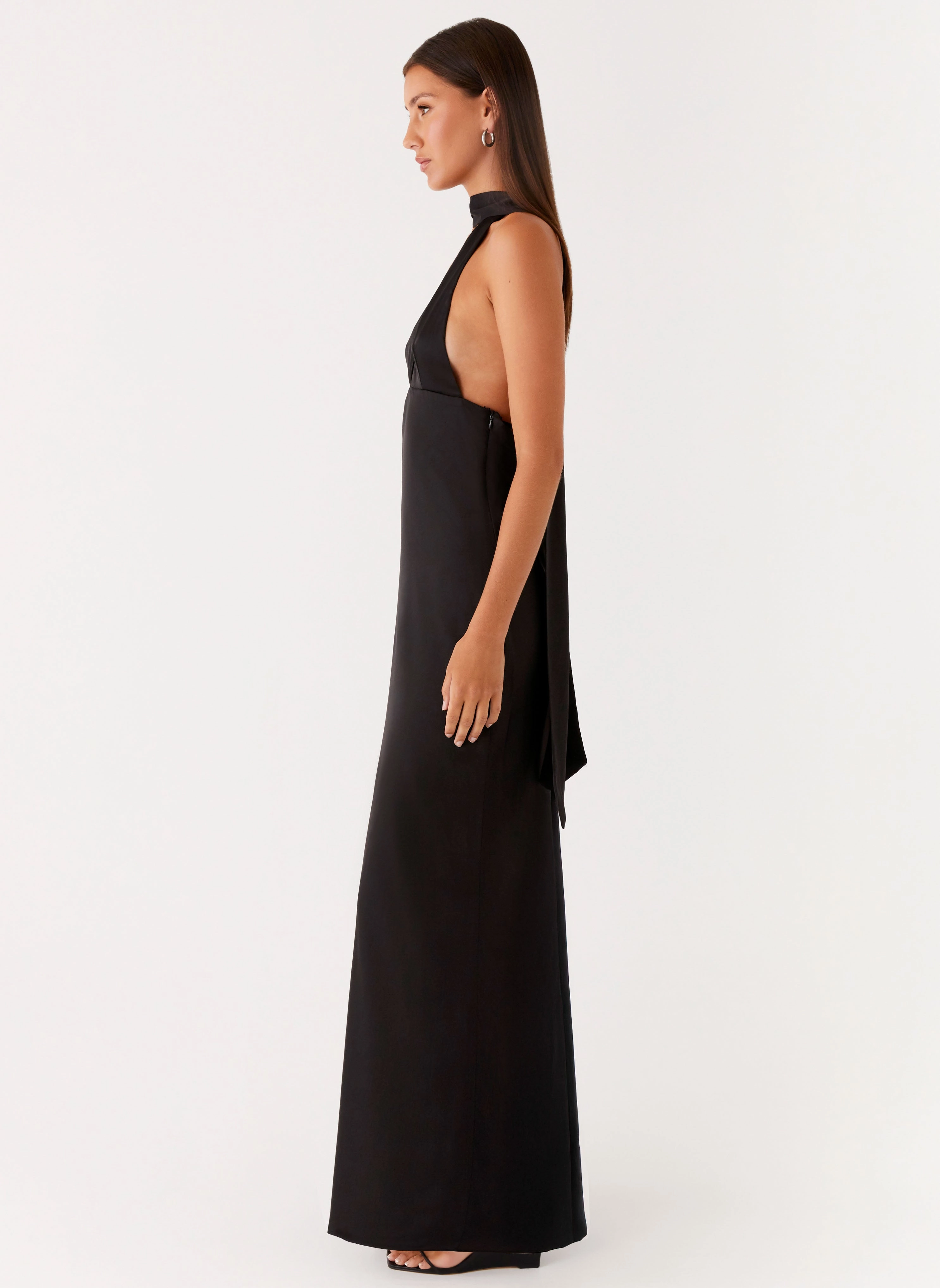 Alicia Satin Halter Maxi Dress - Black Indoor Event One-Shoulder