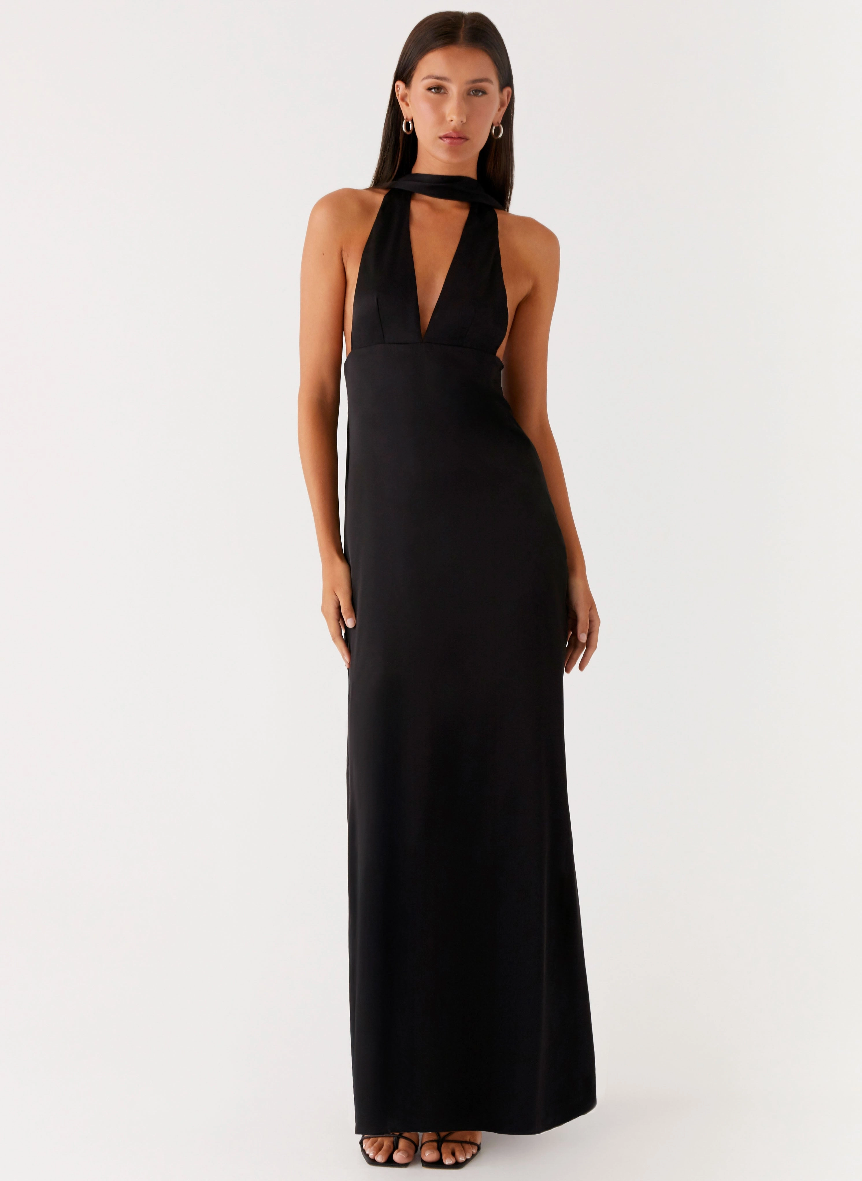 Kind Glow Alicia Satin Halter Maxi Dress - Black