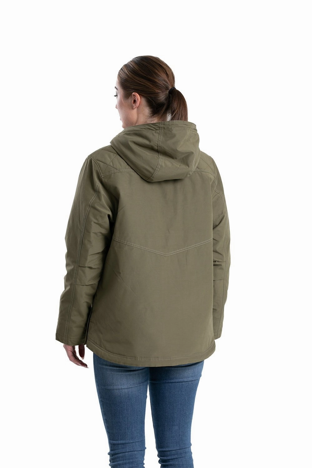Rugged Daily Style Packable Technology Berne Womens Softstone Micro-Duck Hooded Burnt Olive Cotton Blend Coat