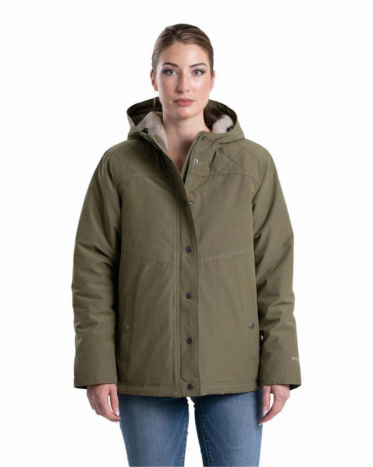 Berne Womens Softstone Micro-Duck Hooded Burnt Olive Cotton Blend Coat Static Dissipating Threading