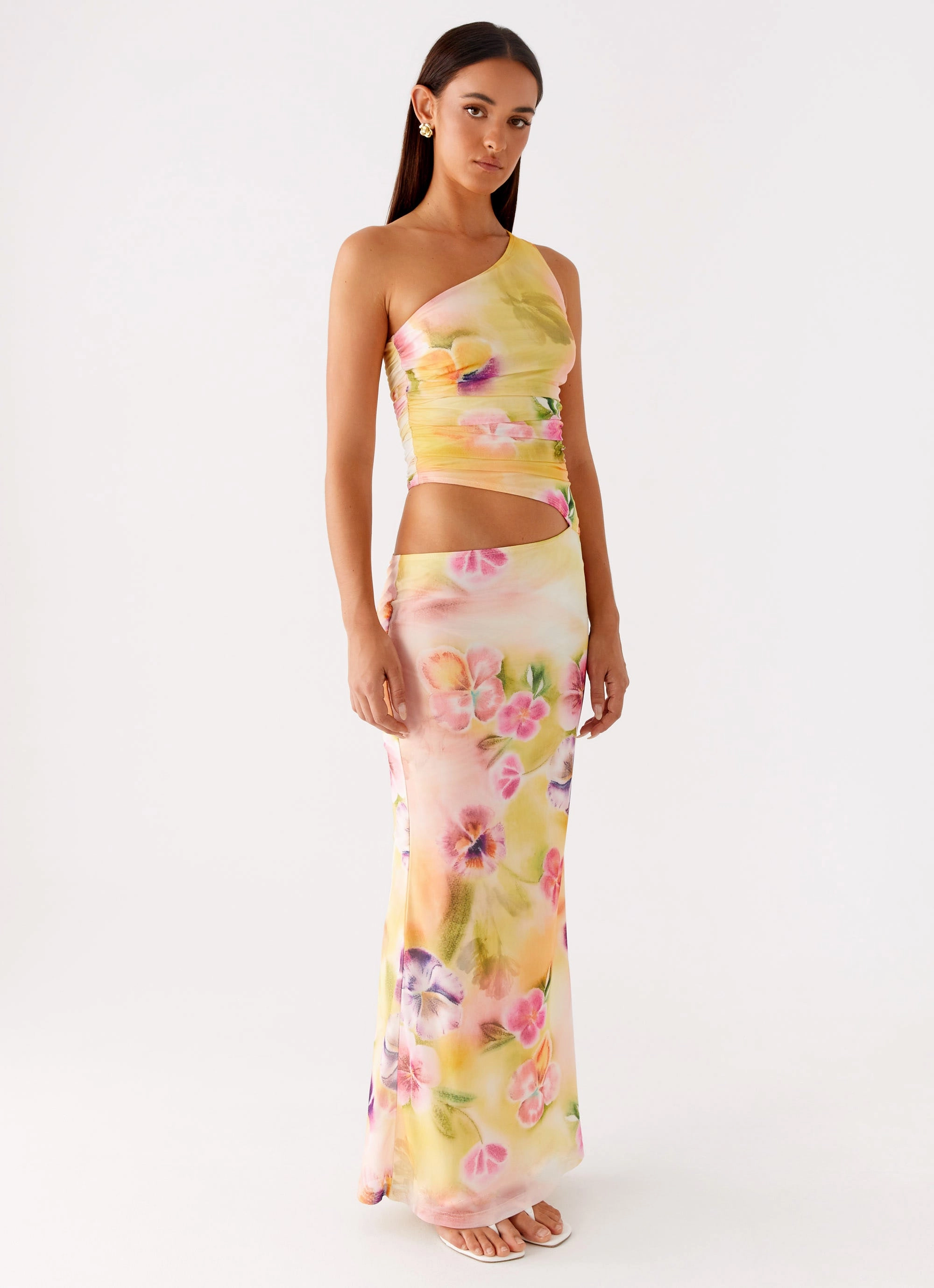Seranella One Shoulder Maxi Dress - Sunburst Floral Light Attitude Front Ruffle