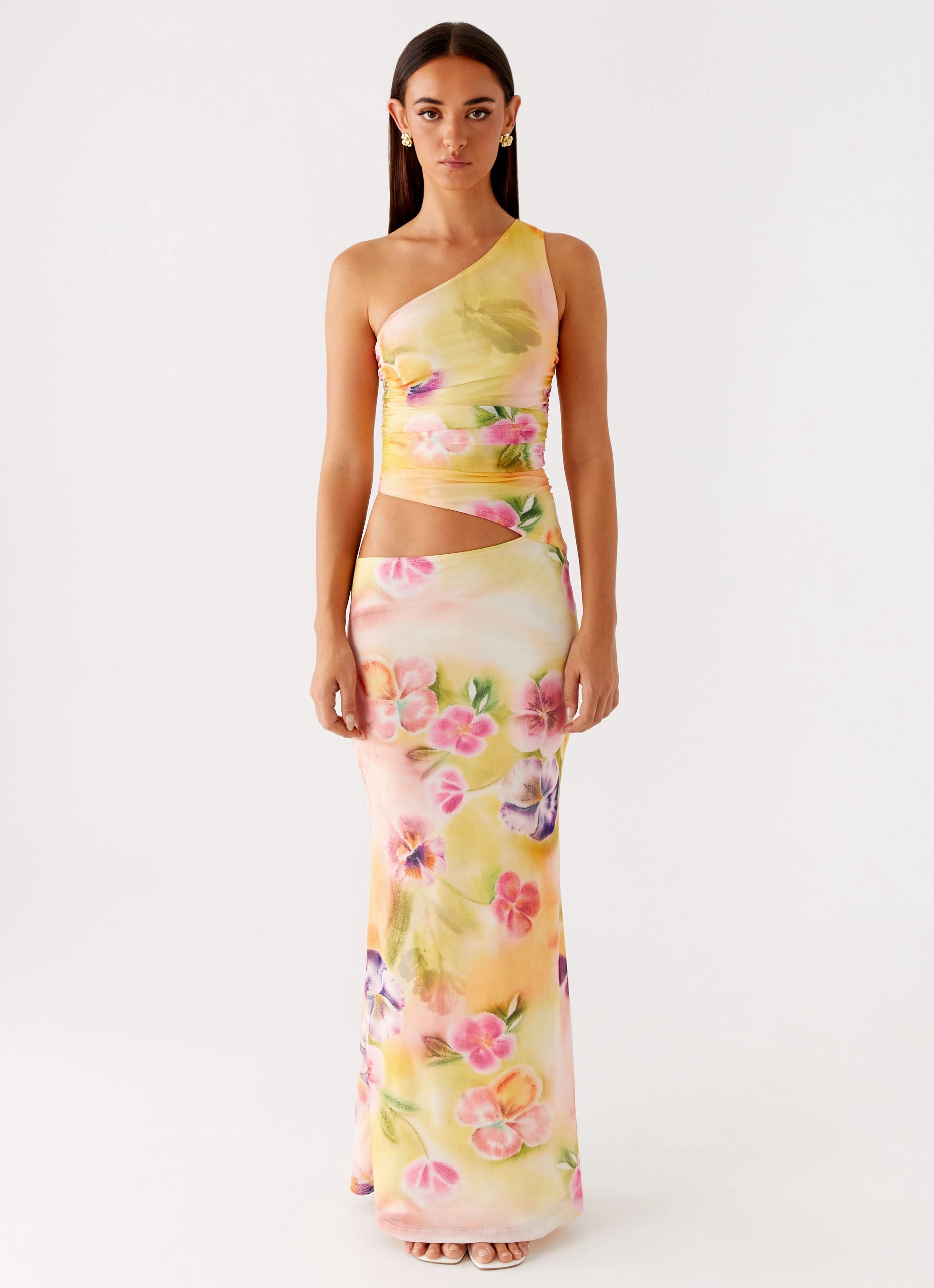 Seranella One Shoulder Maxi Dress - Sunburst Floral Ethically-Made Night Style
