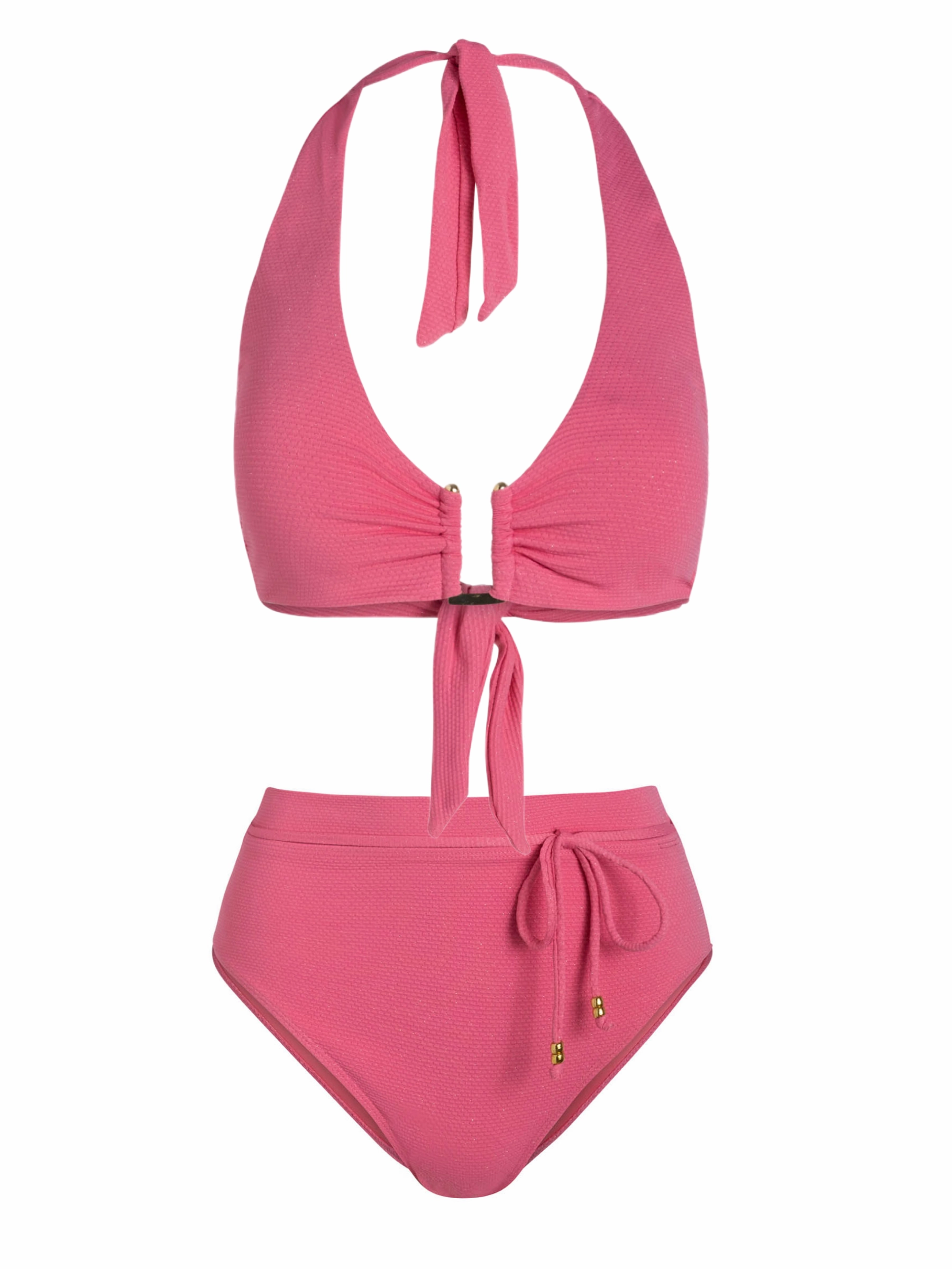 High Density Polyester Shana Top   Belted Hi Waist Hi Leg Bottom In Hibiscus Metallic