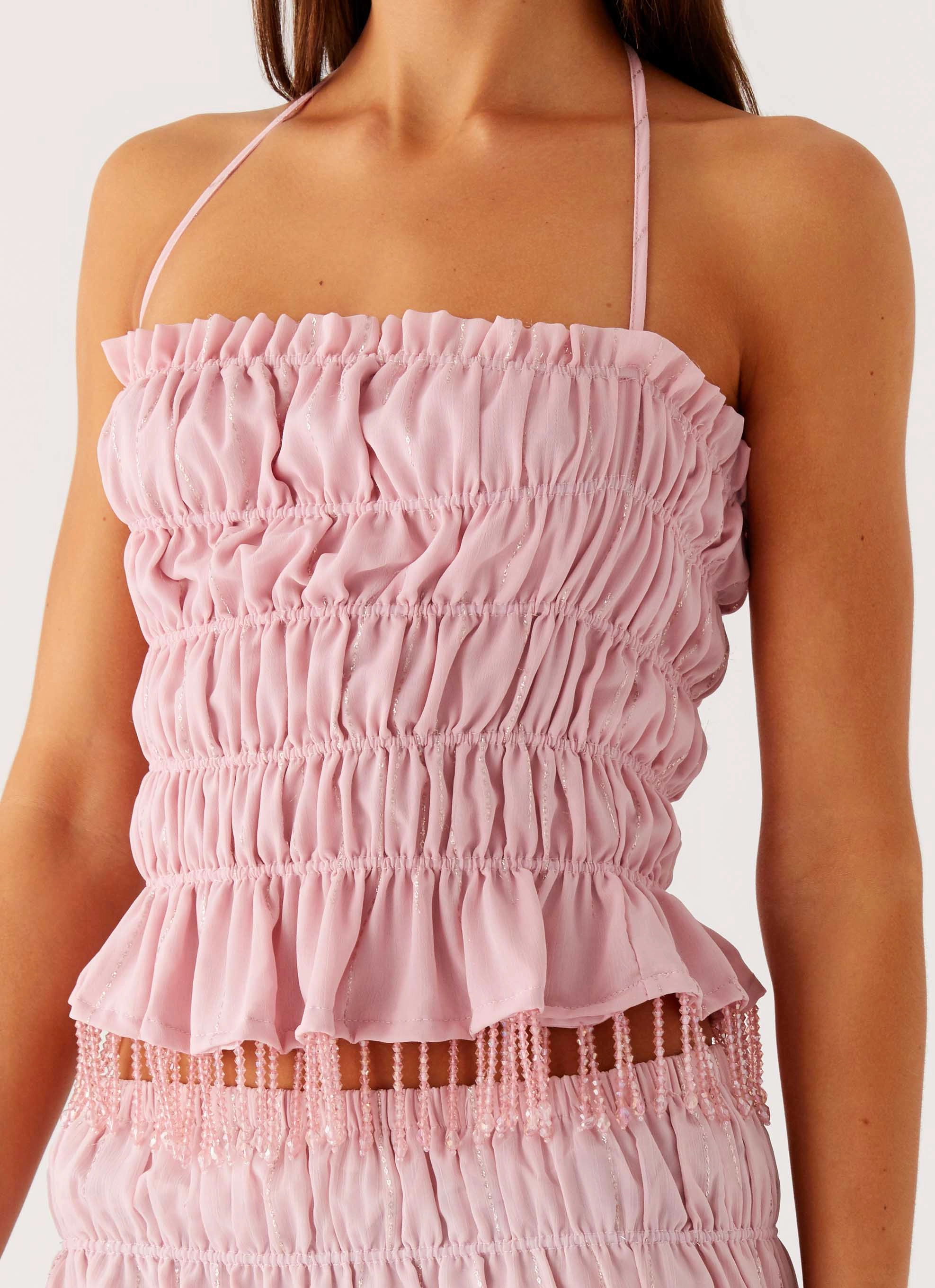 Shari Beaded Halter Top - Pink stain resistant coating Organic Cotton Blend