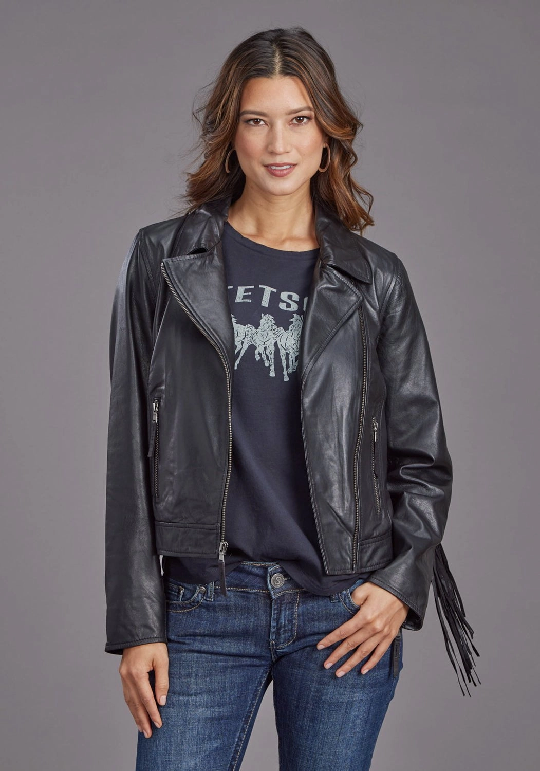 Stetson Womens Smooth Moto Style Black Leather Leather Jacket Thermo Regulating Oversized Fit