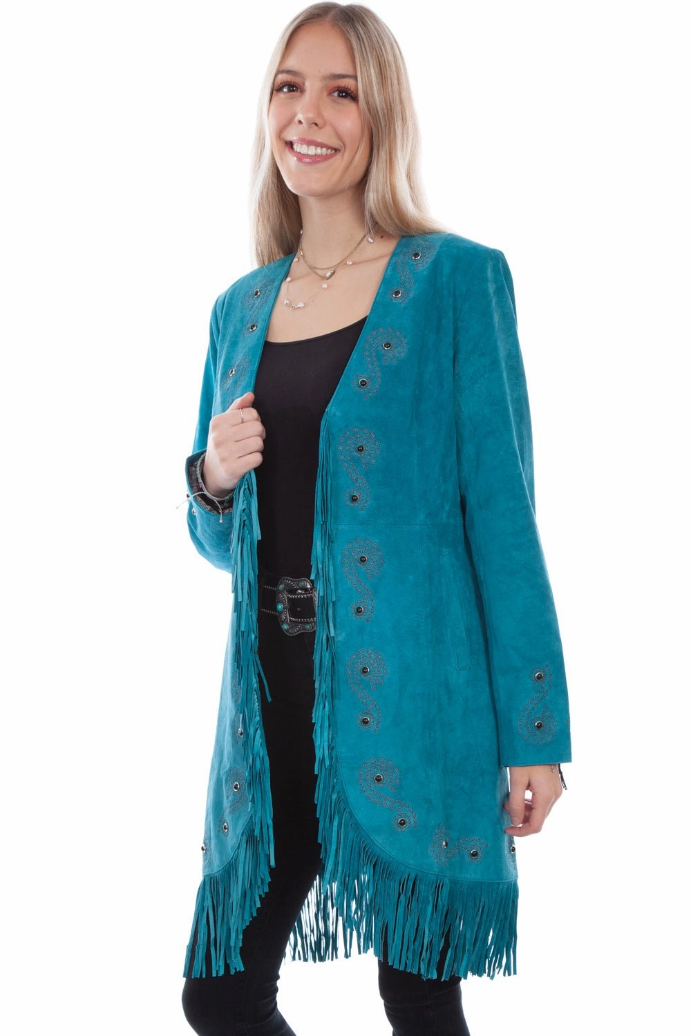 Scully Womens Dark Turquoise Leather Fringe Coat Jacket Anti Pill Fabric Tech