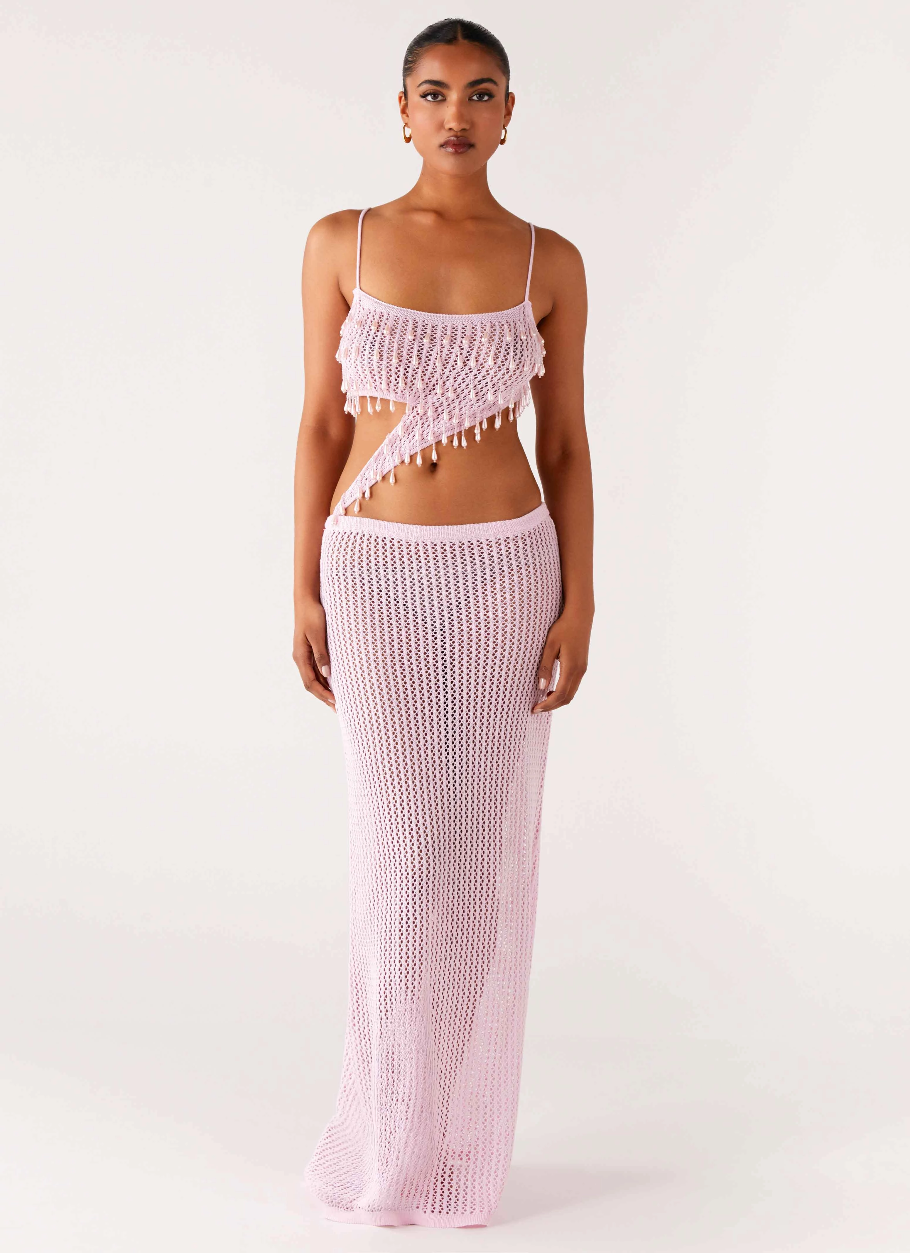 Shellbound Crochet Maxi Dress - Pink Romantic-Style Chic Ensemble