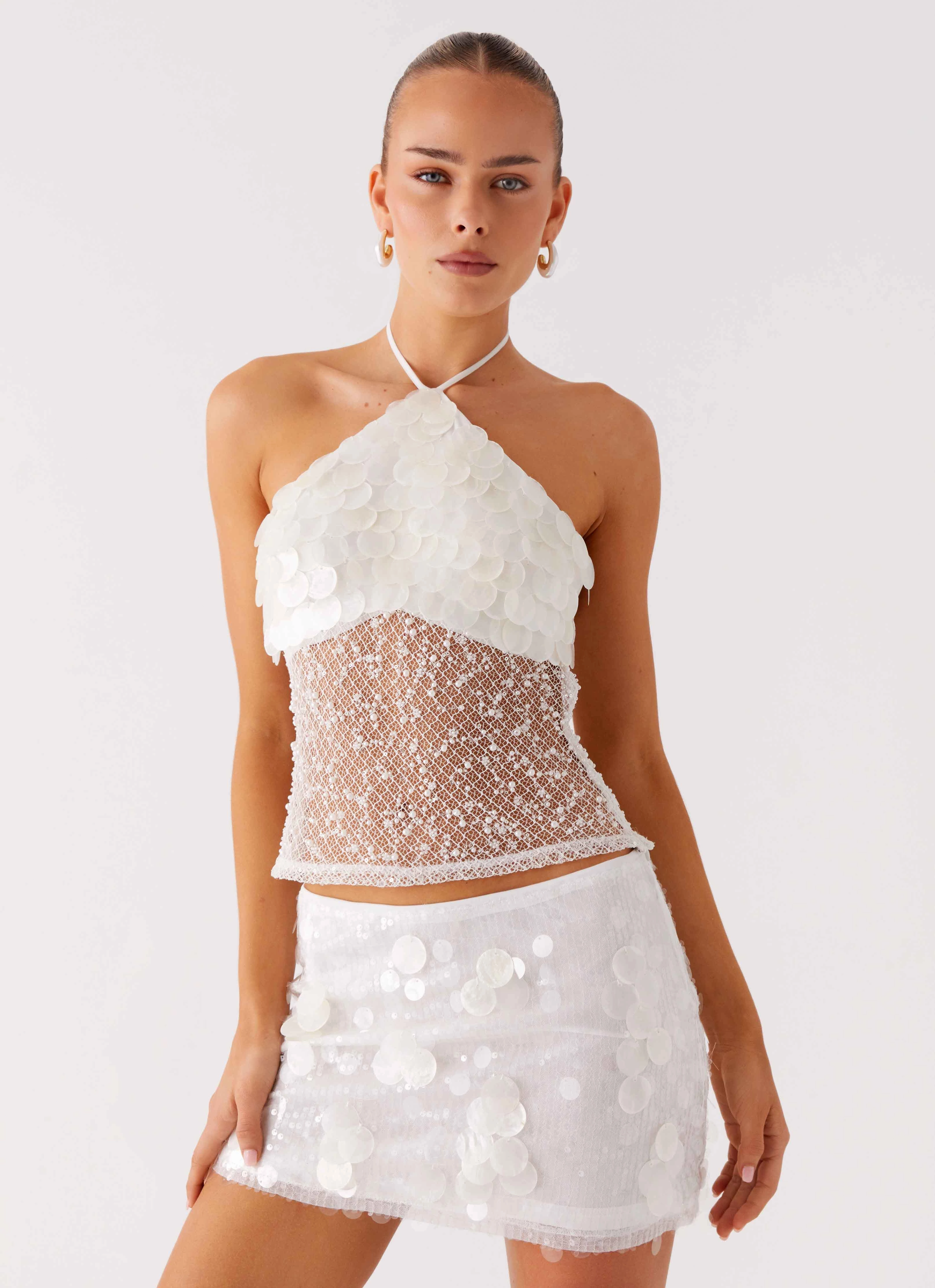 Shelly Halter Top - White Wrinkle Resistant Textile