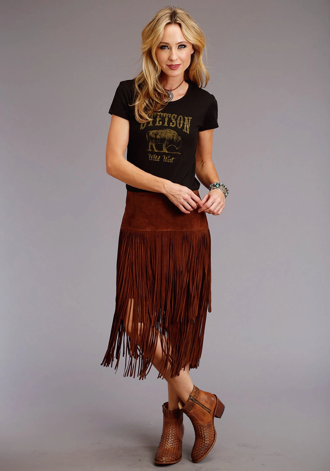 Stetson Womens Long Fringe Brown Leather Skirt Relaxed Style Flat Lay Collar