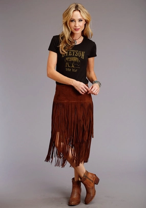 Stetson Womens Long Fringe Brown Leather Skirt Relaxed Style Flat Lay Collar