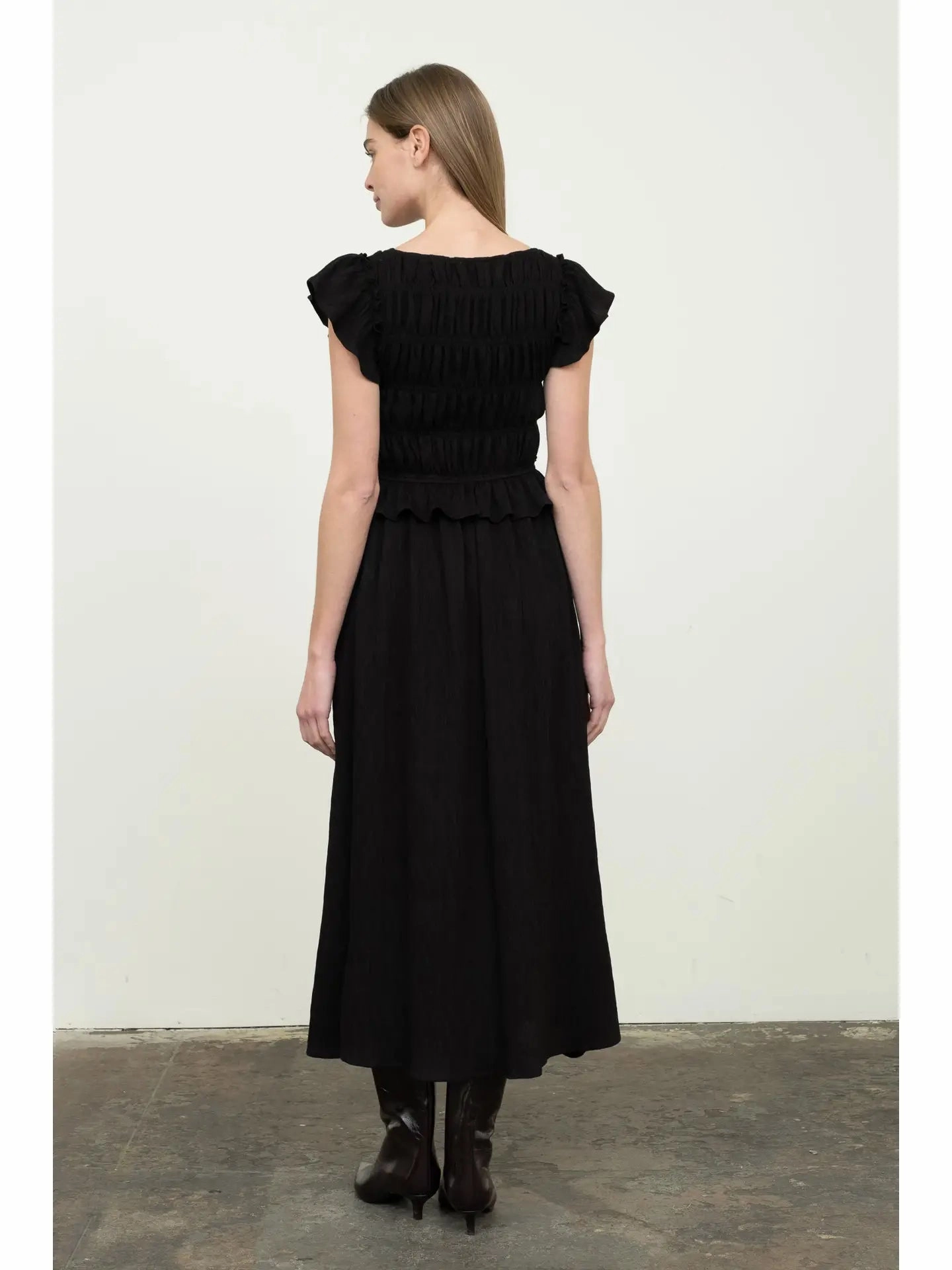 Shirred V Neck Midi Dress Elegant Mood Japan Cool