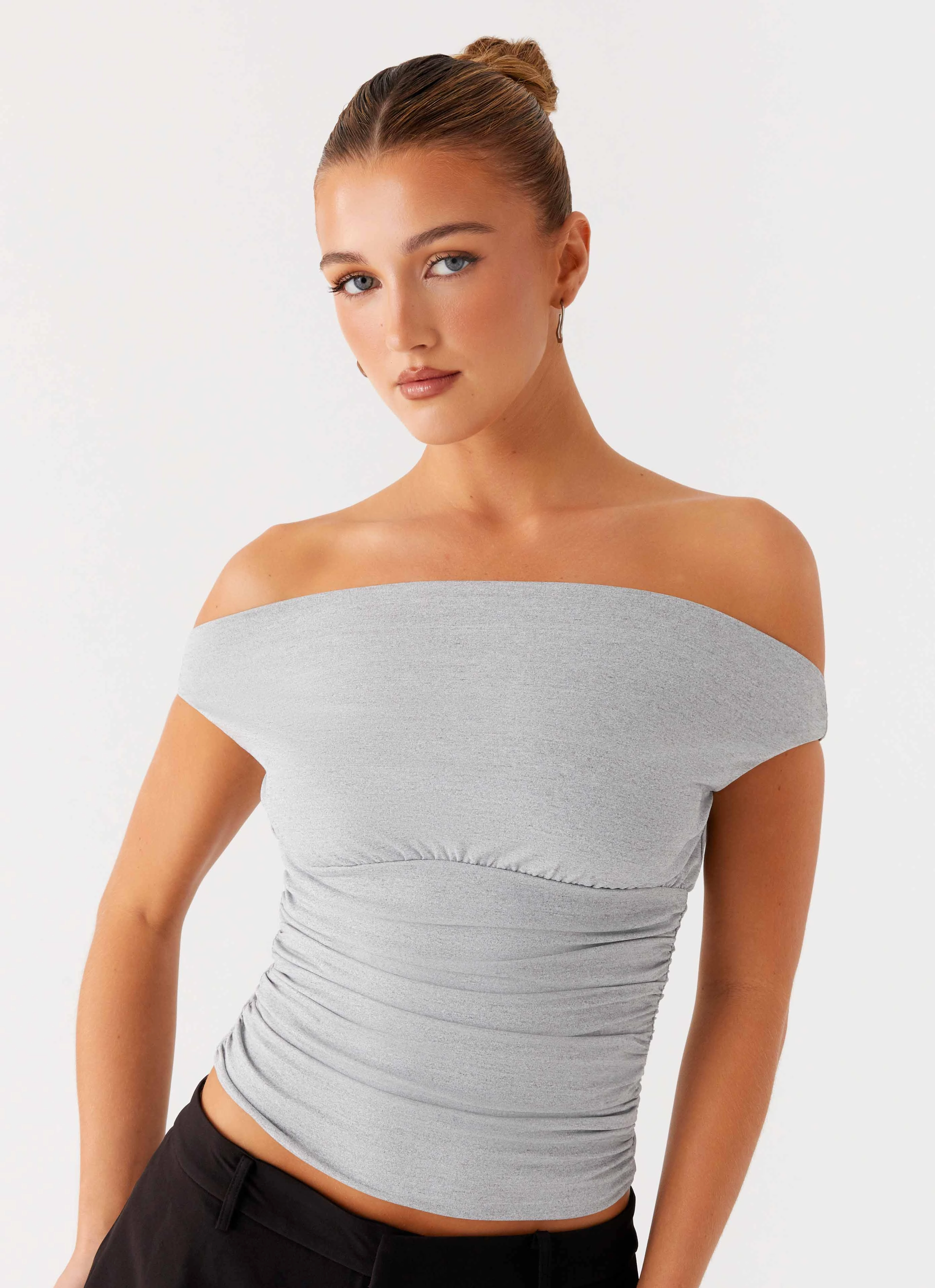 Reva Off Shoulder Top - Grey Reflective Logo Detail