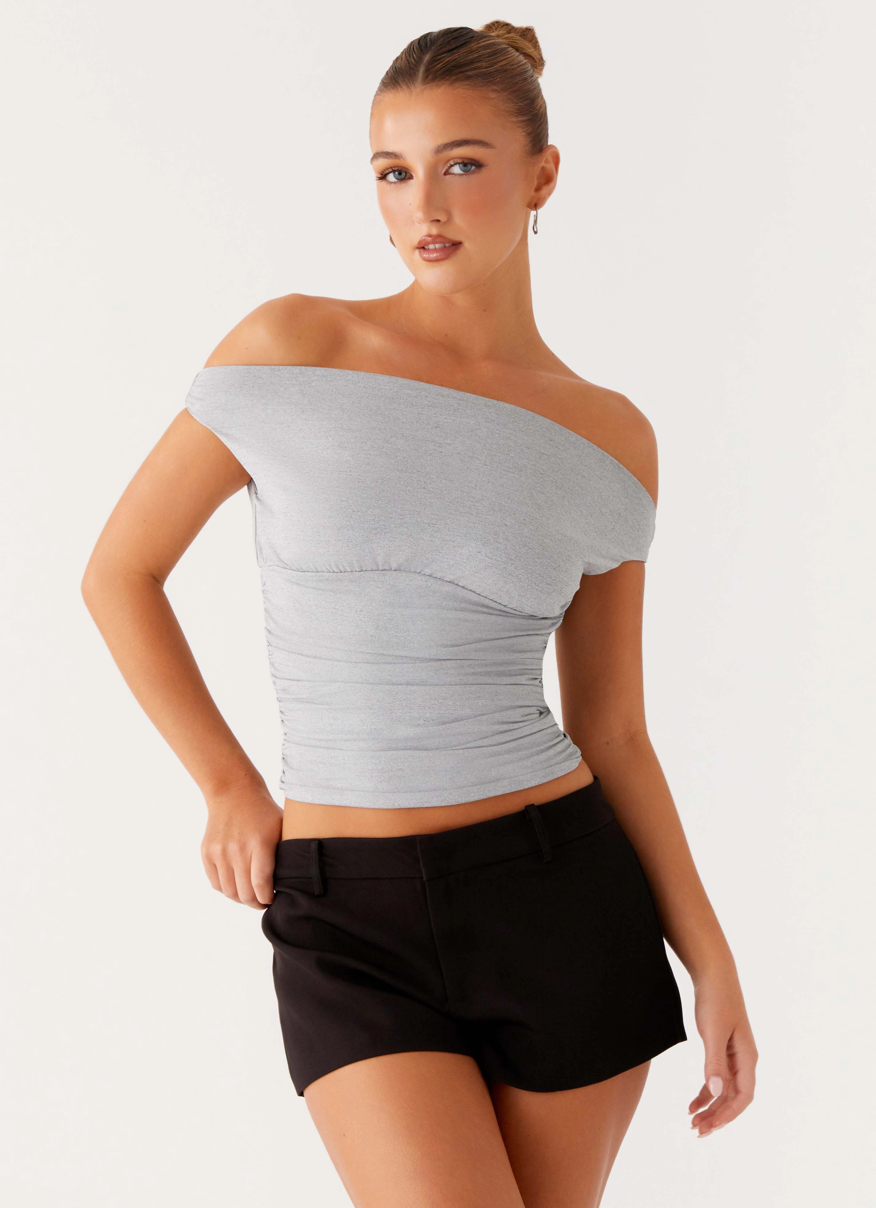 DoubleStitched Hem Reva Off Shoulder Top - Grey