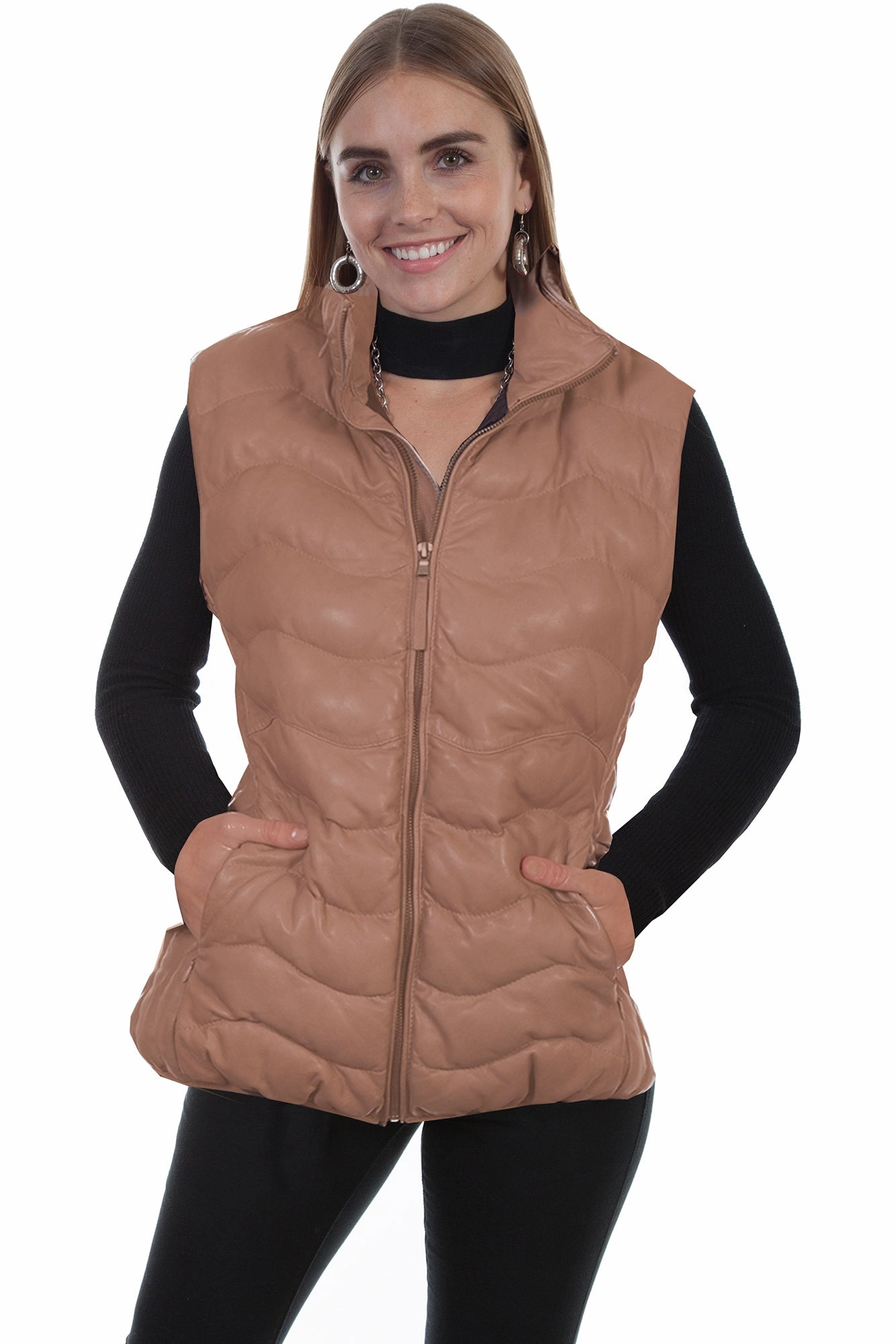 LightweightConstruction Scully Womens Beige Leather Ribbed Vest